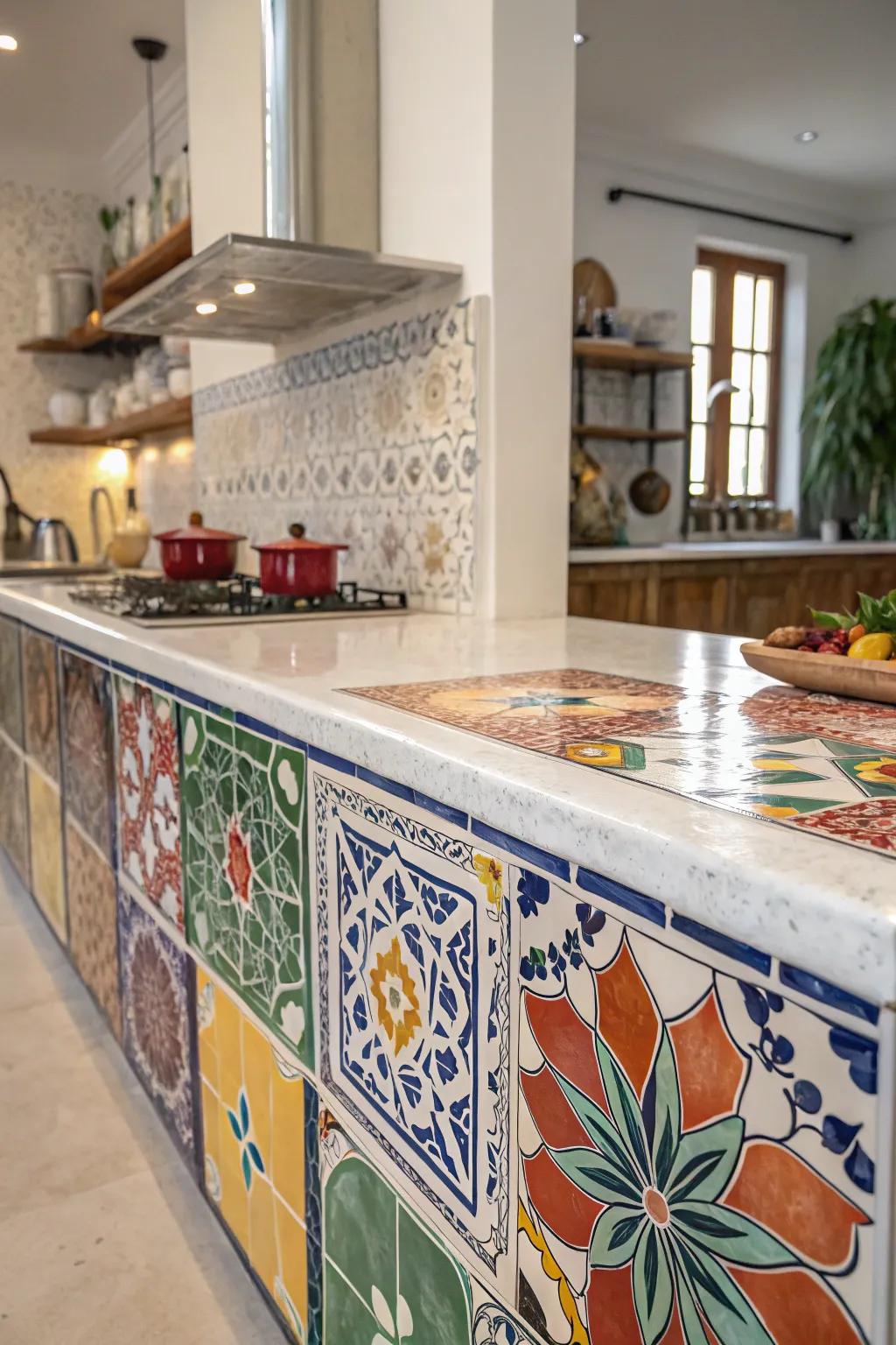 Exotic pattern tiles imbue this kitchen with Moroccan charm and vibrant texture.