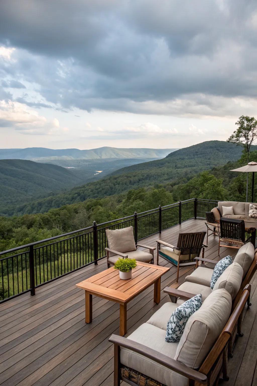 An expansive deck for outdoor enjoyment in mountain environments.