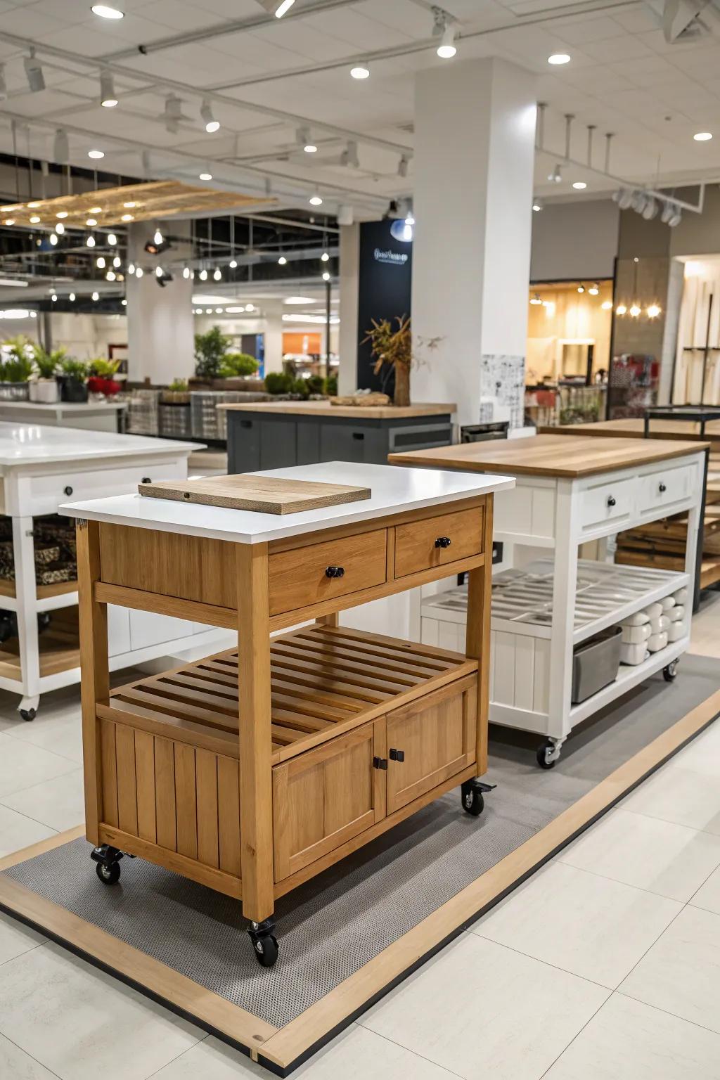 Different styles of rolling kitchen islands