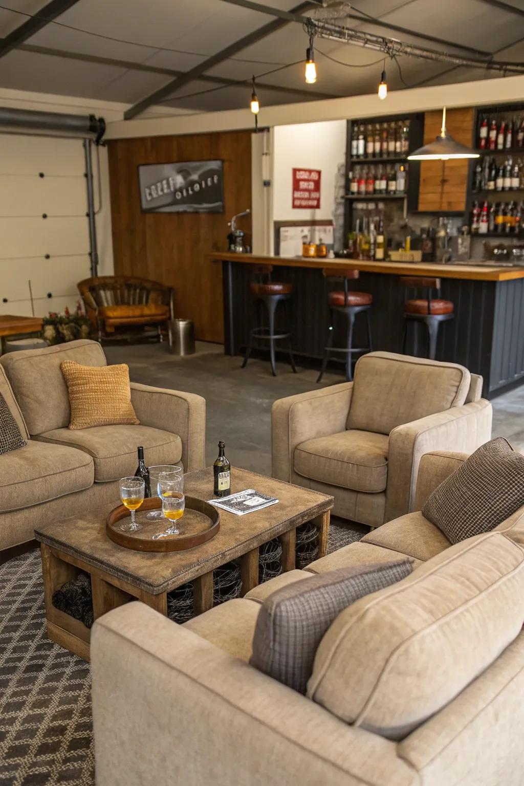 A cozy lounge area in a garage, complete with a small bar.