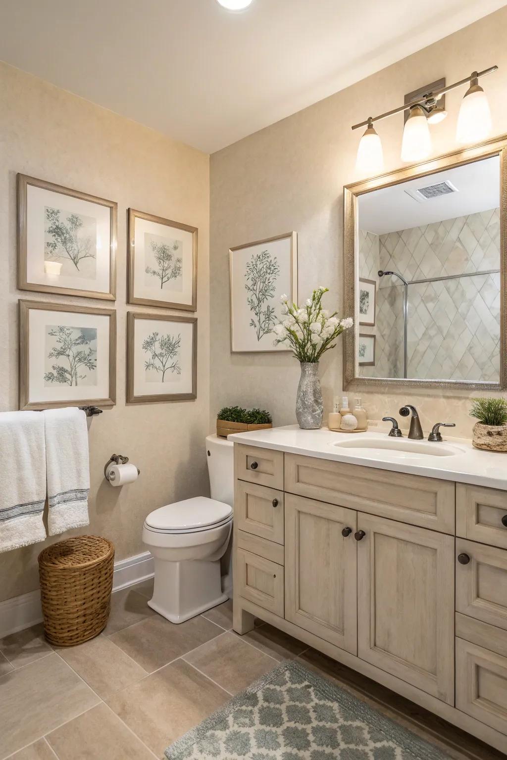 Delicate wall adornments add a personal touch to this subdued bathroom.
