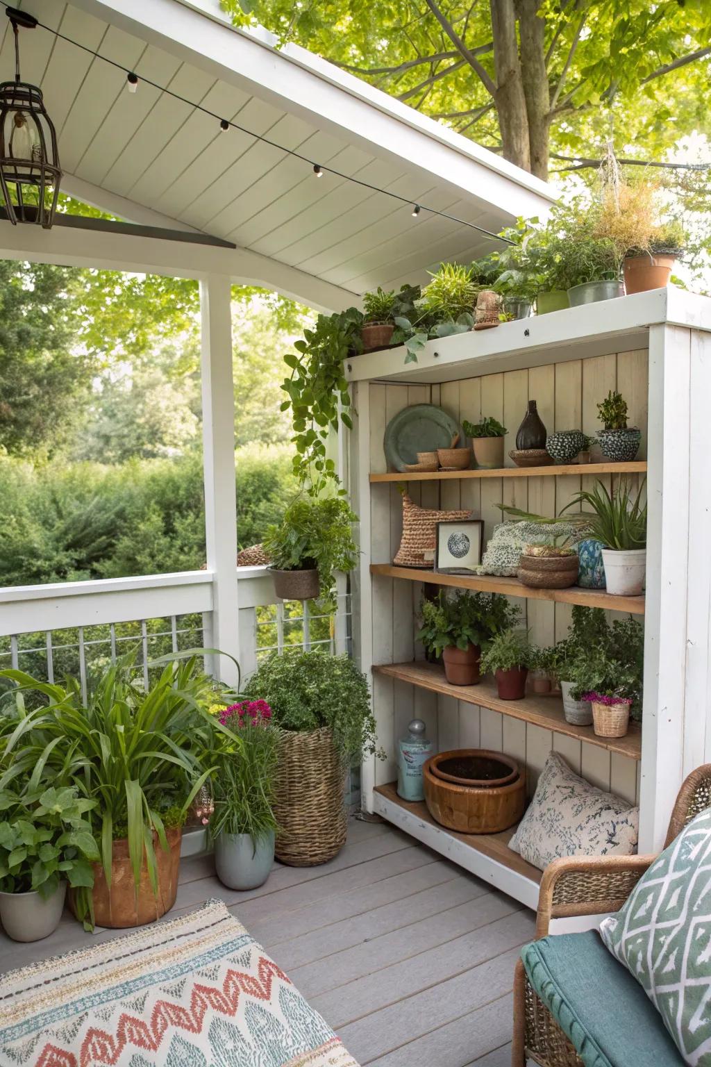 An attractive outdoor nook furnished with shelves for plants and décor.