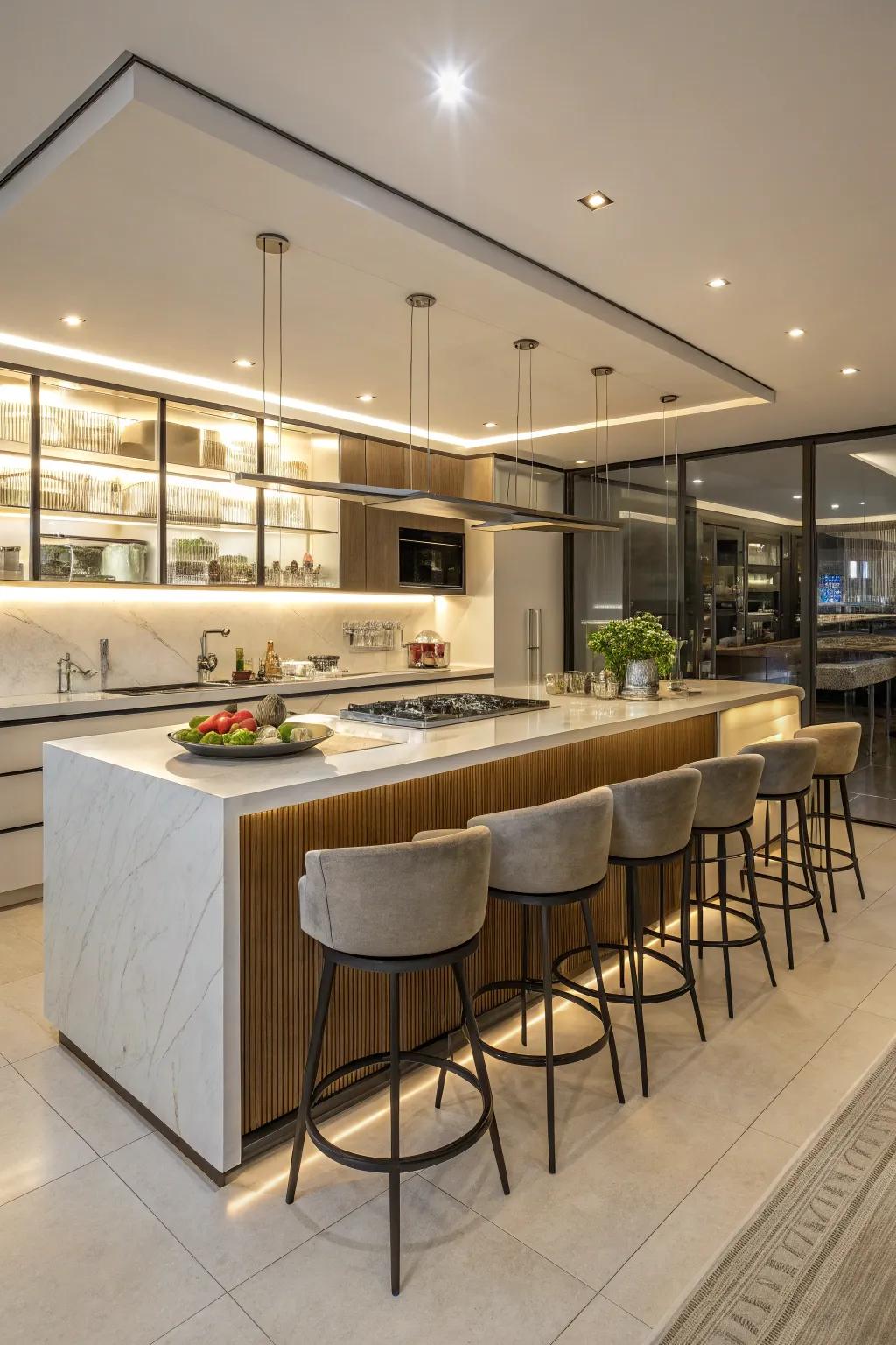 Bar seating around the kitchen island encourages social interaction.