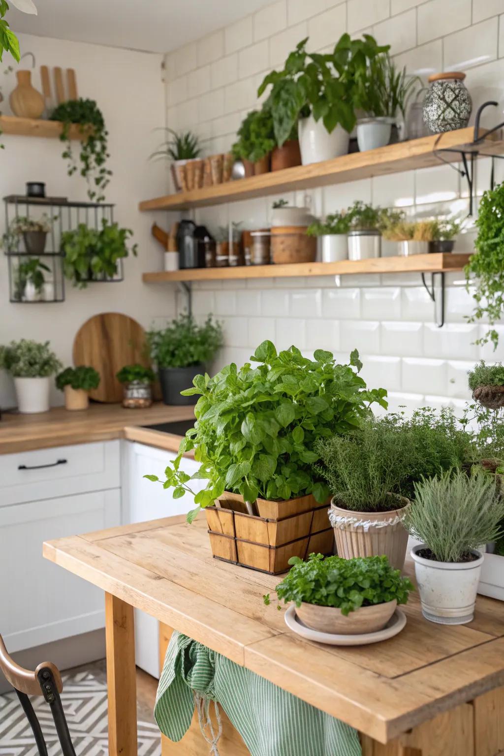 Plants infuse the kitchen with natural vibrancy and freshness.