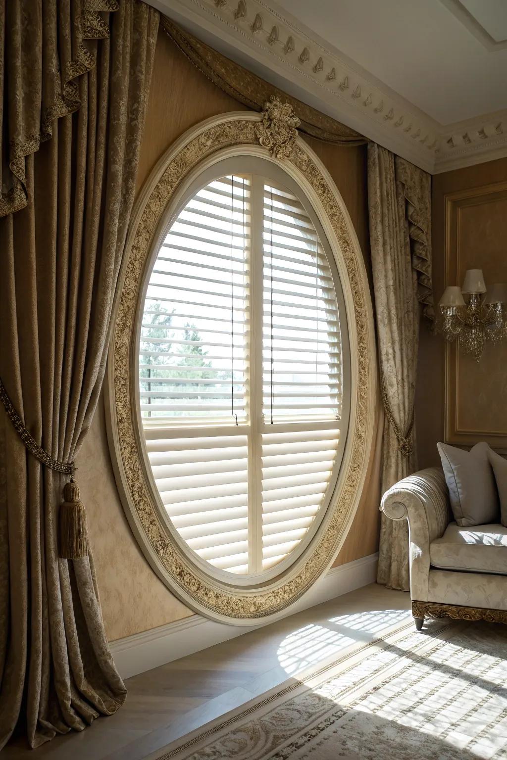 A fancy frame with blinds inside makes the window even more charming.