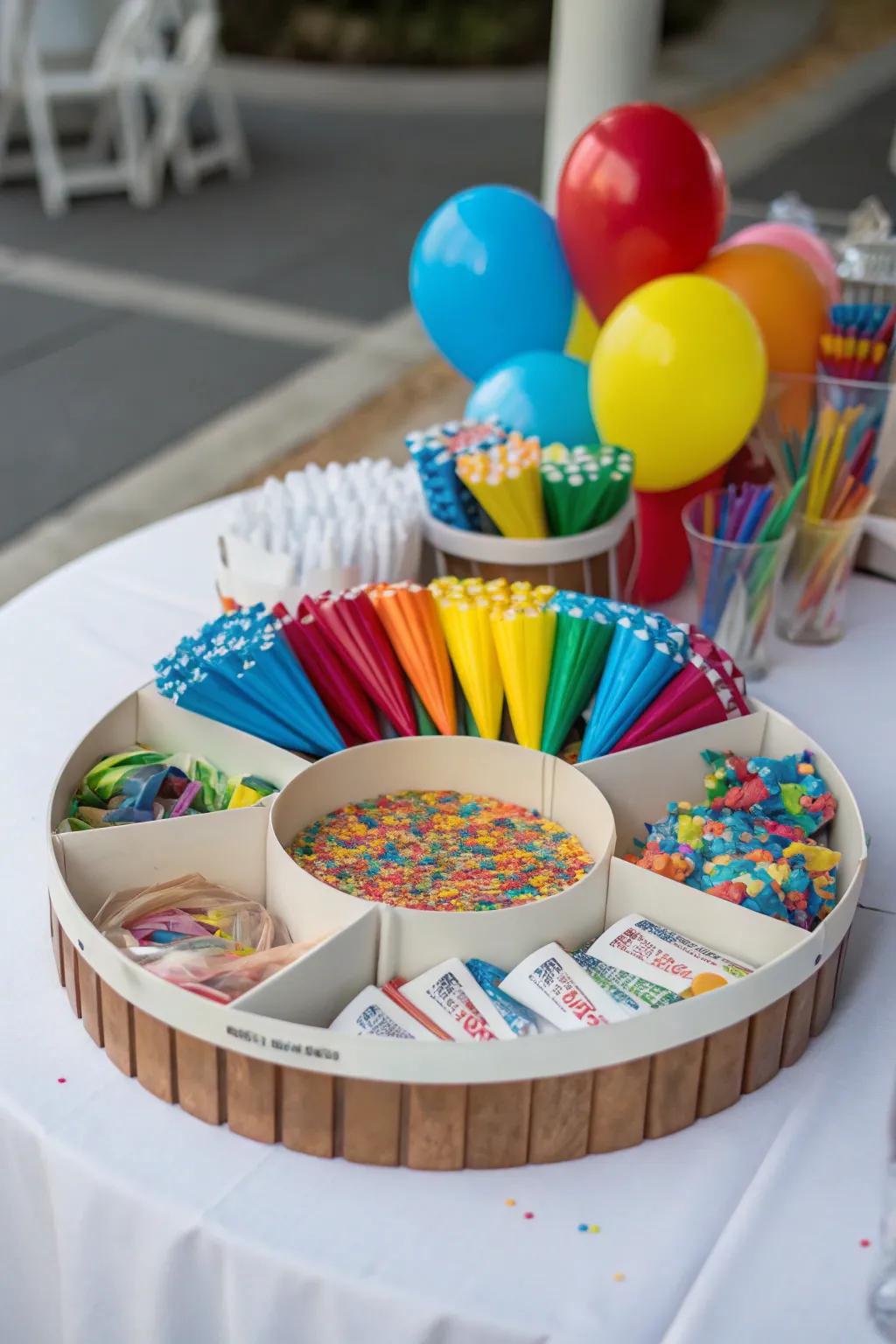 Circular layout for easy access to party favors.