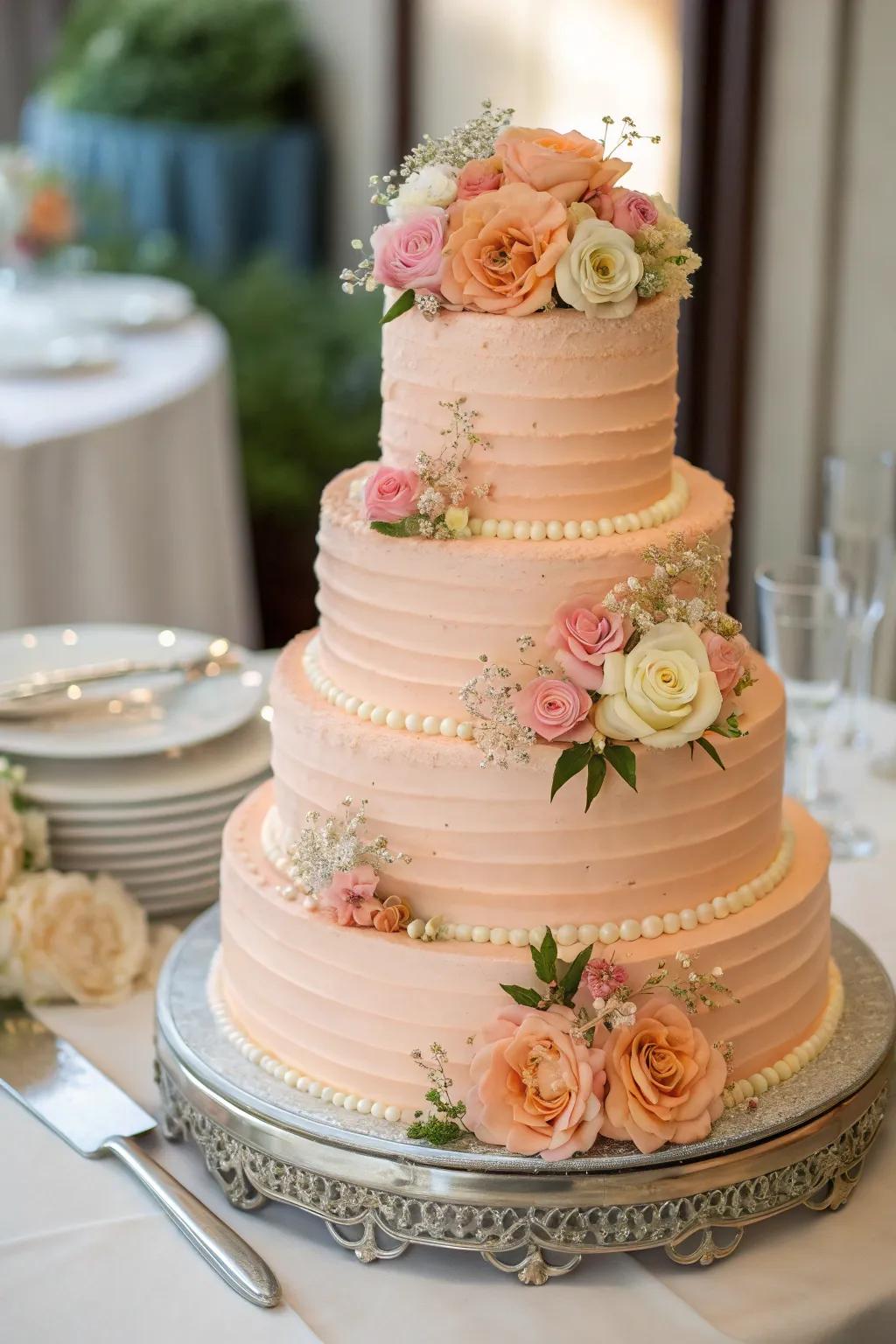 Exquisite peach-iced wedding cake that delights both eyes and taste buds.