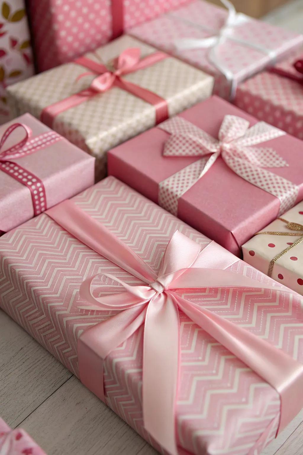 Pink-wrapped gifts add charm and color.