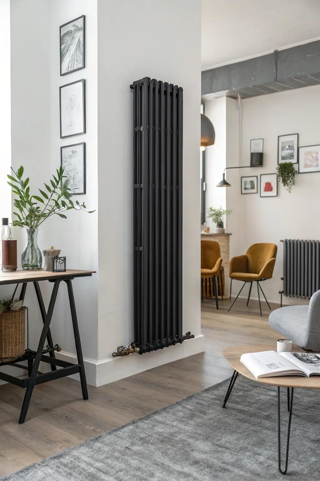 Matte black radiators offer sleek sophistication.