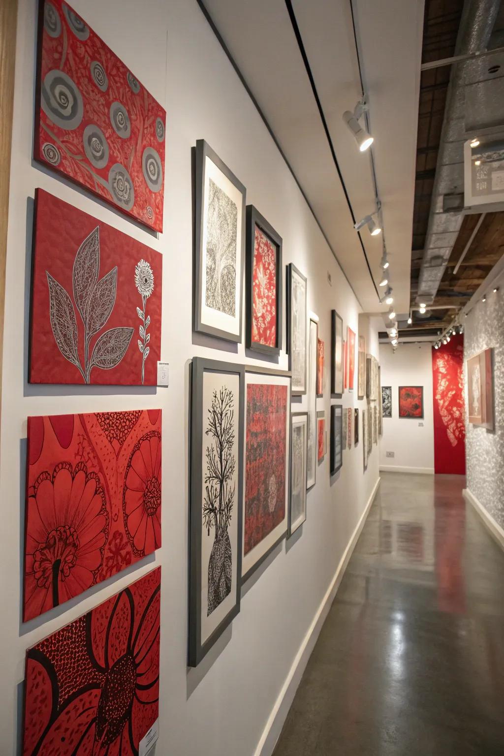 A gallery wall showcasing red and grey art.