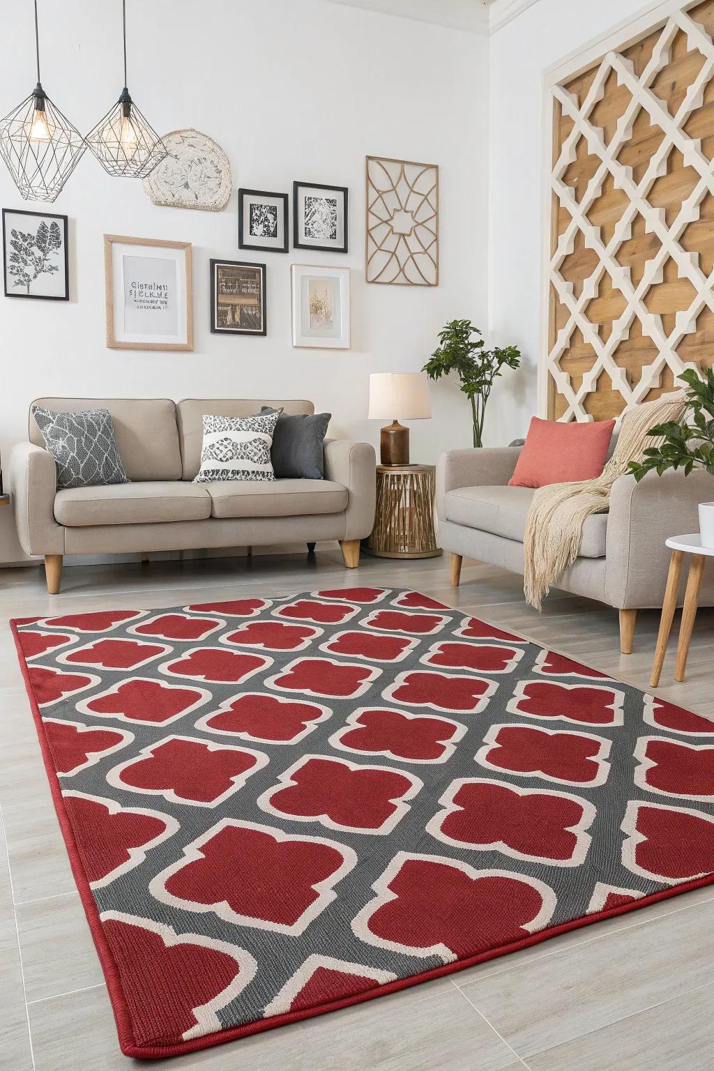 Geometric patterns breathe modern life into a red and grey living room.