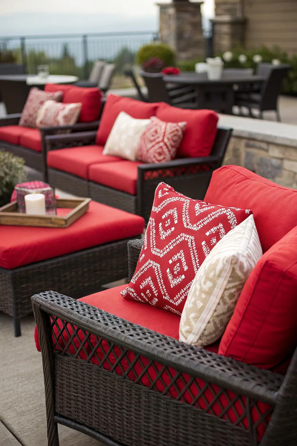 Red cushions rejuvenate the patio decor.