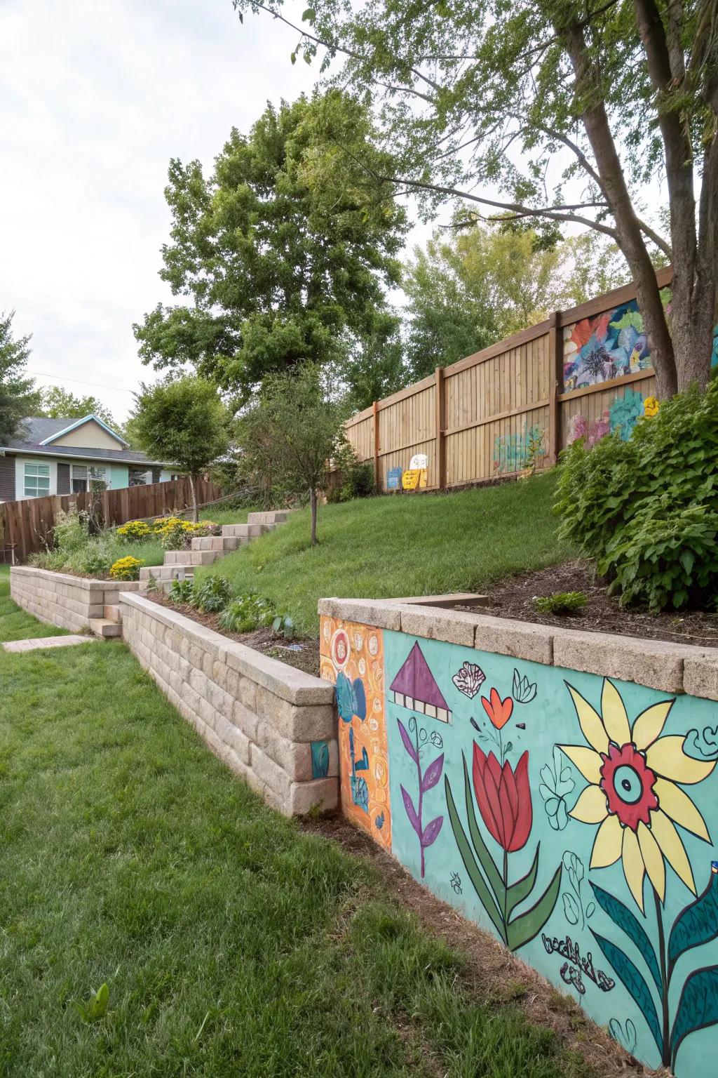 A backyard retaining wall reinvented as a vibrant mural.