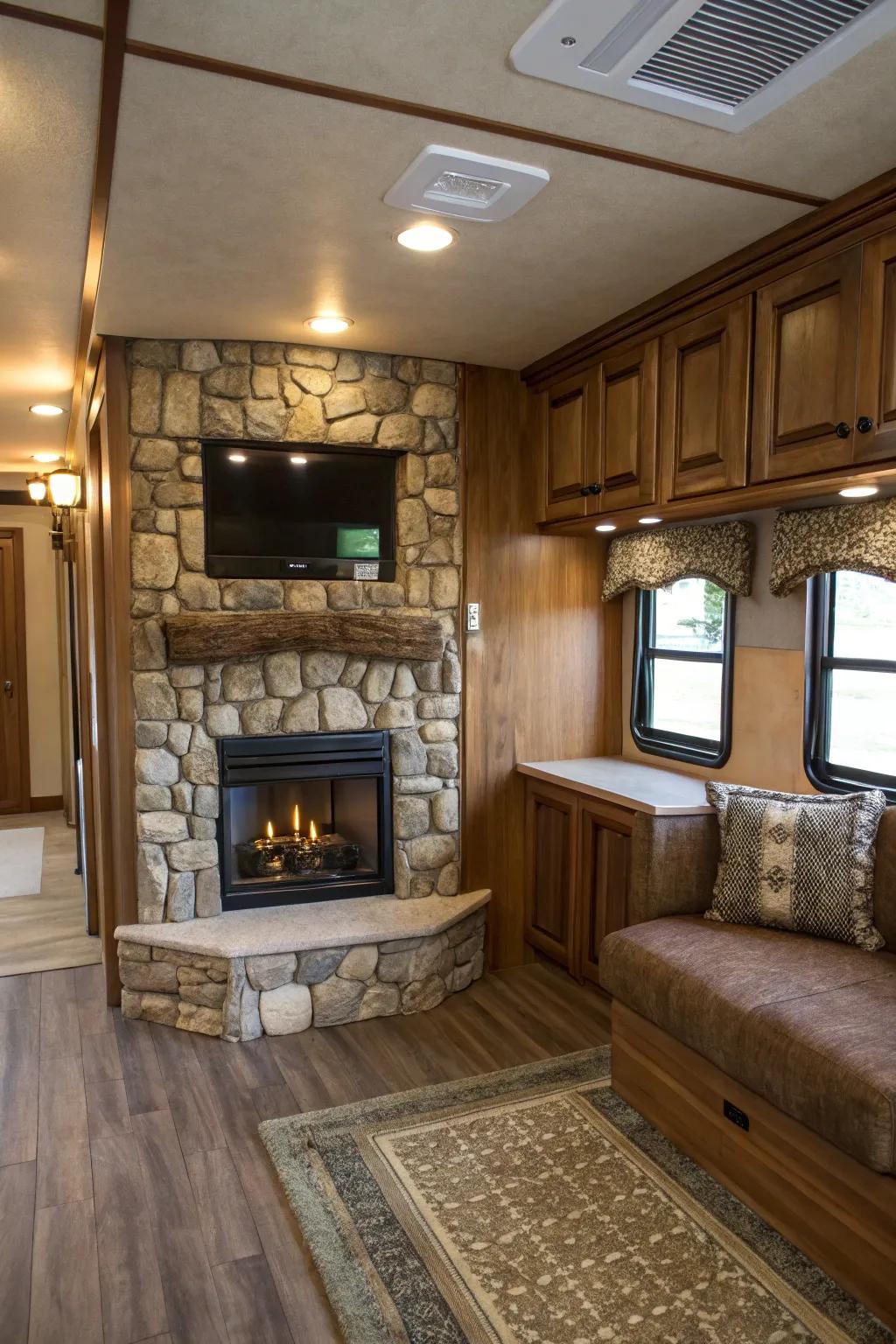 Add rustic appeal via a fireplace featuring stone accents.
