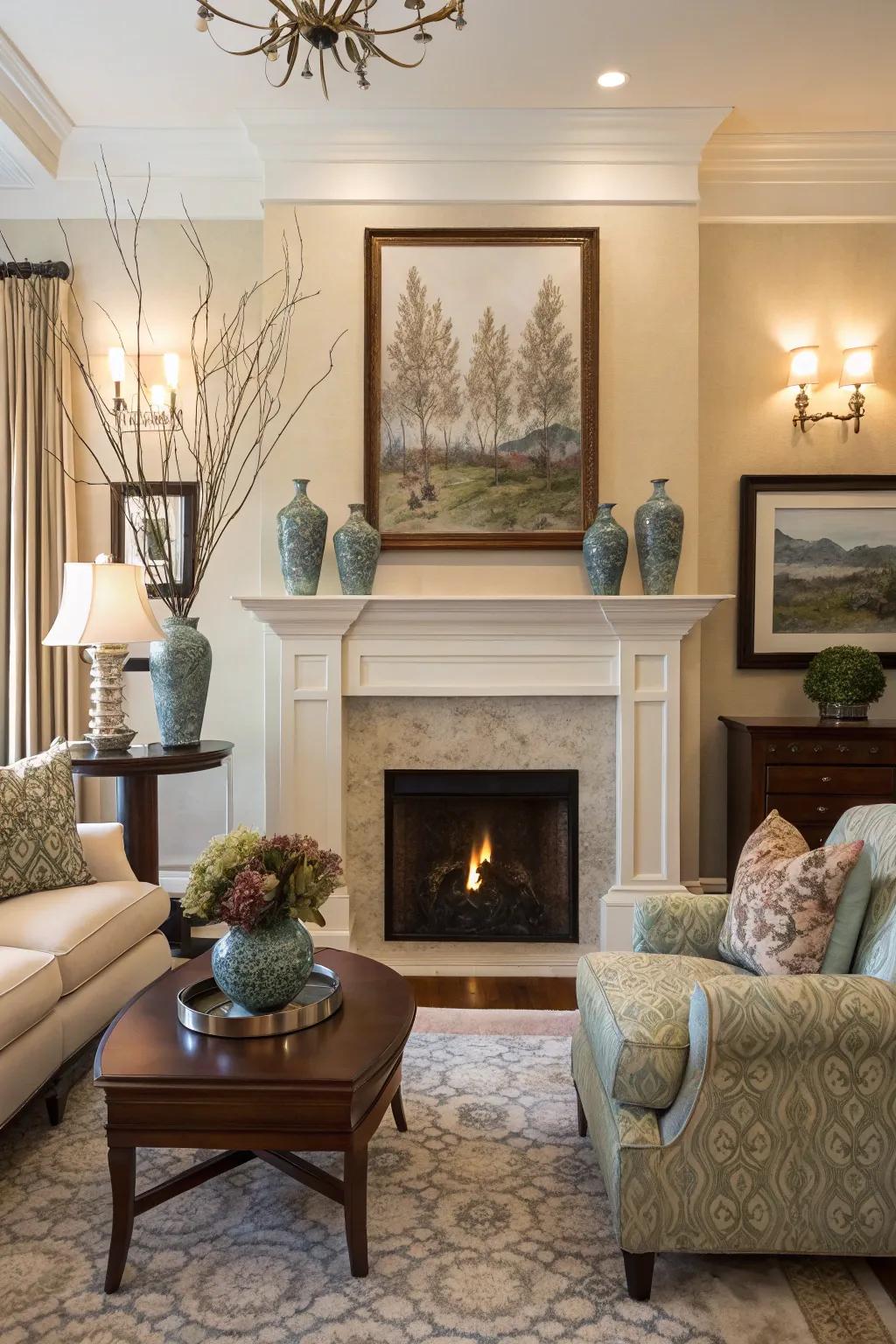 Decorative mantel elements elevate the fireplace's visual appeal.