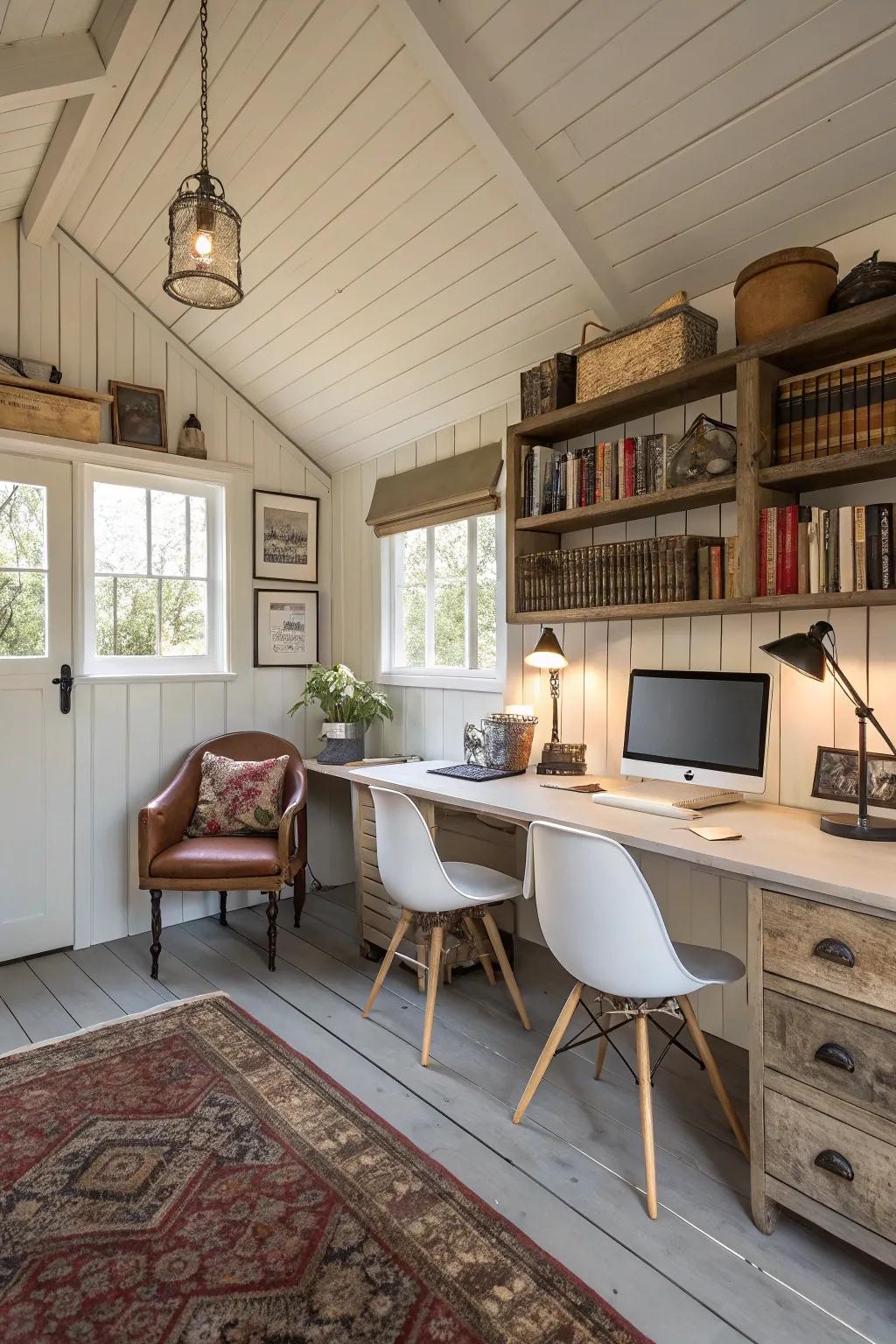 Build a productive home office in your she shed by combining modern and vintage furniture.