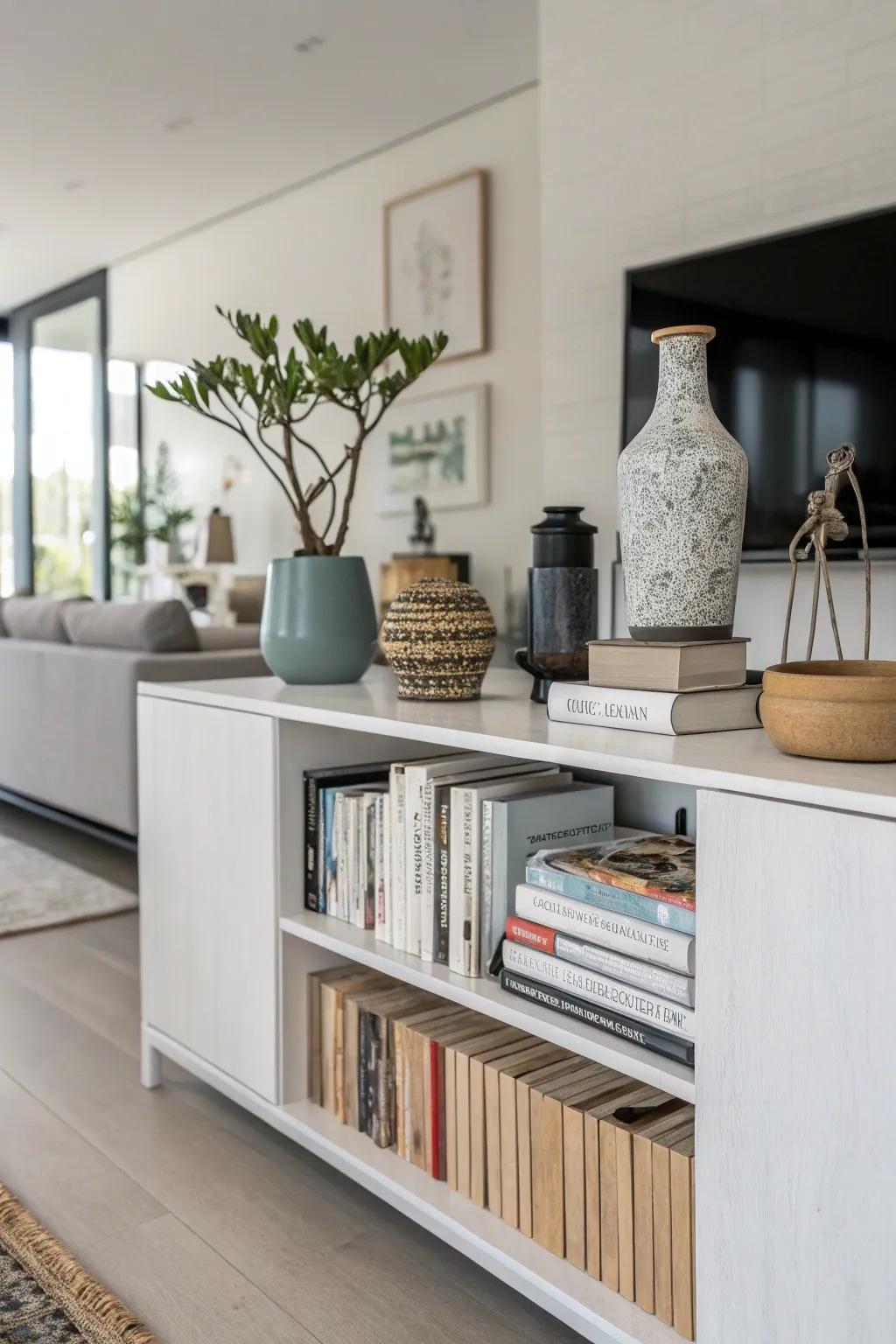 Books stacked on a sideboard make an intriguing base for extra decor.