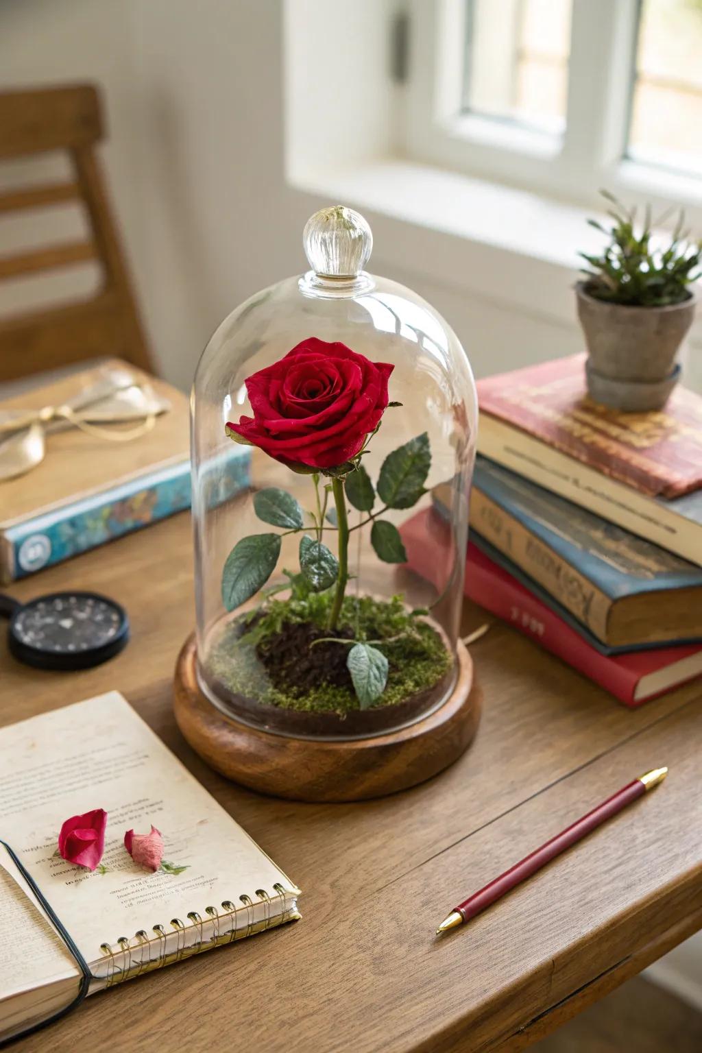 A terrarium offers a unique display for a single rose.