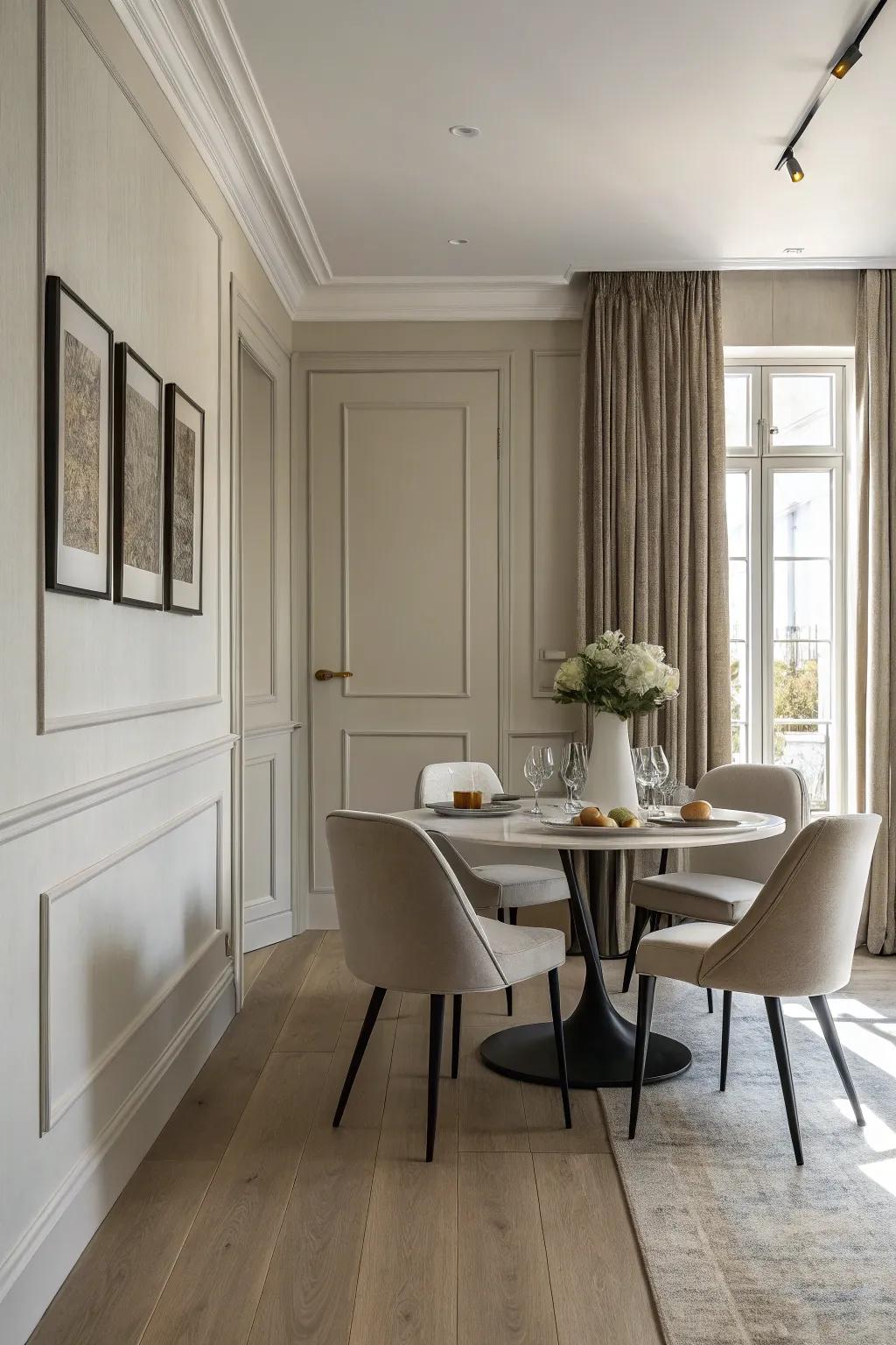 Sleek <strong><em>skirting boards</em></strong> for a modern, minimalist dining space.” loading=”lazy” class=”pimg”>
	</picture><figcaption>Sleek <strong><em>skirting boards</em></strong> for a modern, minimalist dining space.</figcaption></figure>
<p>If you want a modern style, think about going minimal with simple, sleek <strong><em>skirting boards</em></strong>. I used this idea in my dining area, which made the space feel neat and subtly elegant.</p>
<h3>Some handy options:</h3>
<ul class=