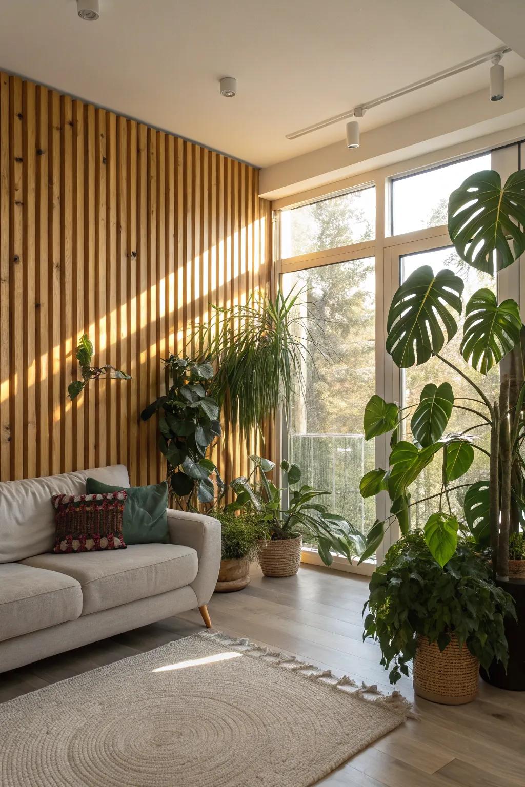 A living room featuring natural wood slat walls complemented by plants.