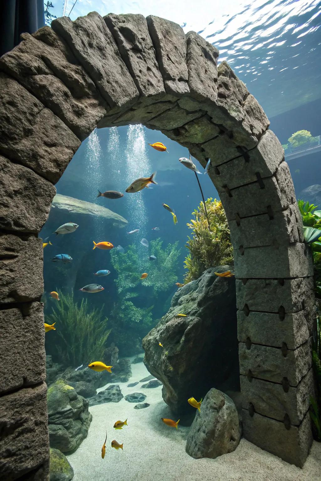 A magnificent stone archway stands within an aquarium.