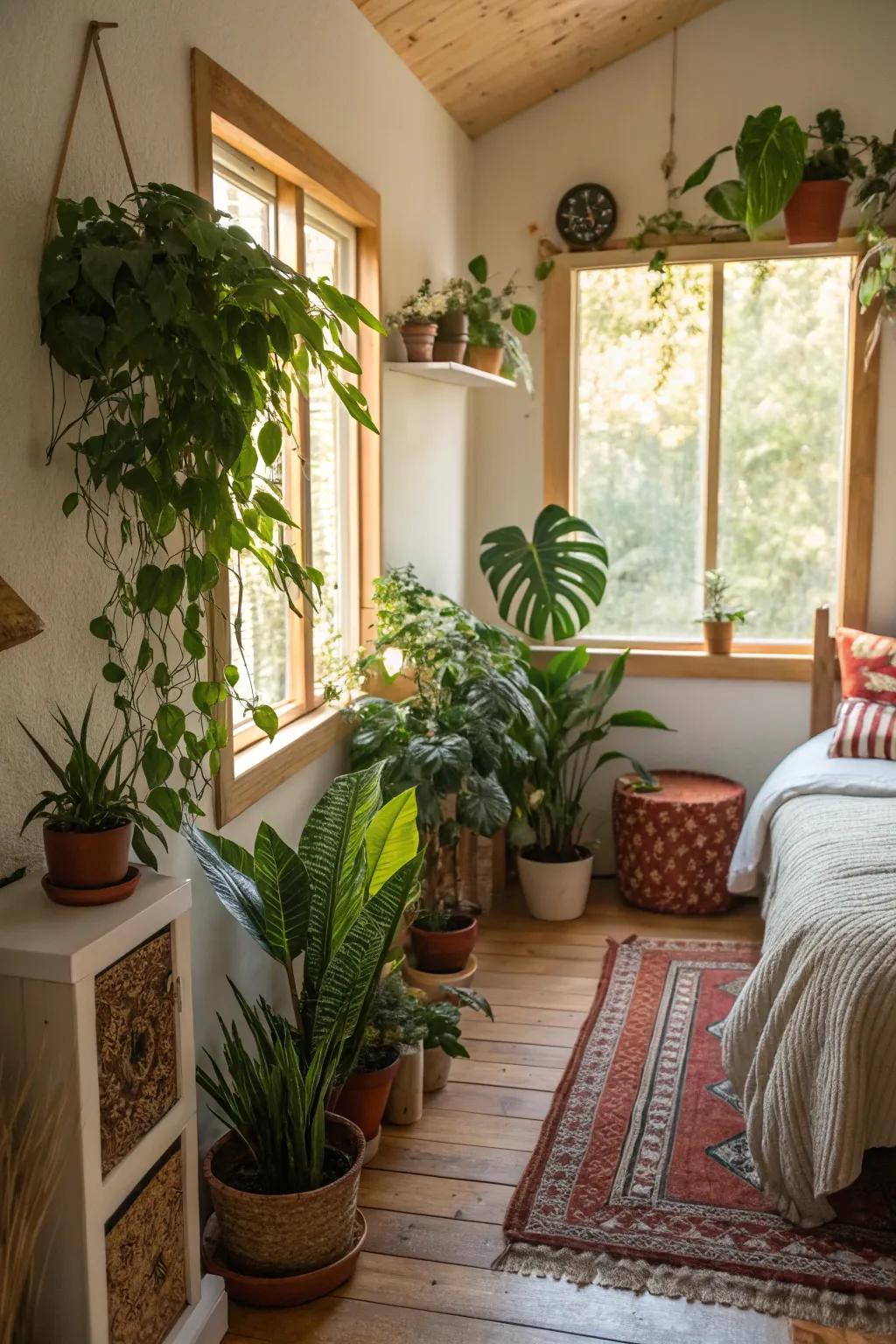 Greenery adds warmth and vitality to small Airbnb interiors.