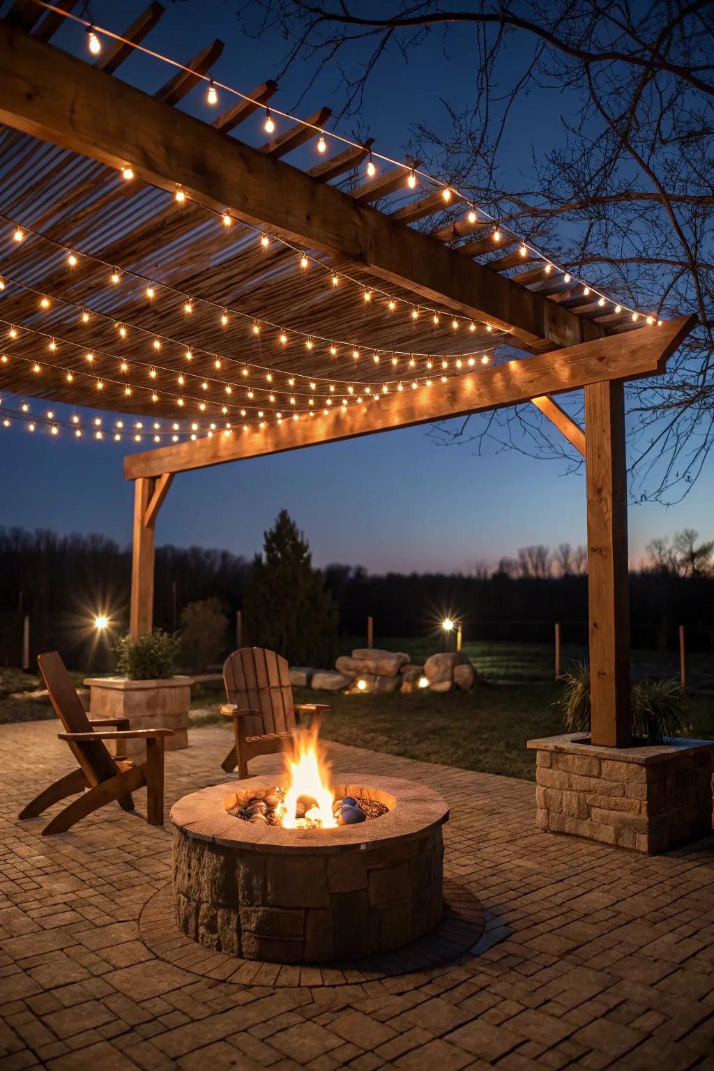 A garden structure with fairy lights elevates the bonfire area with a magical ambiance.