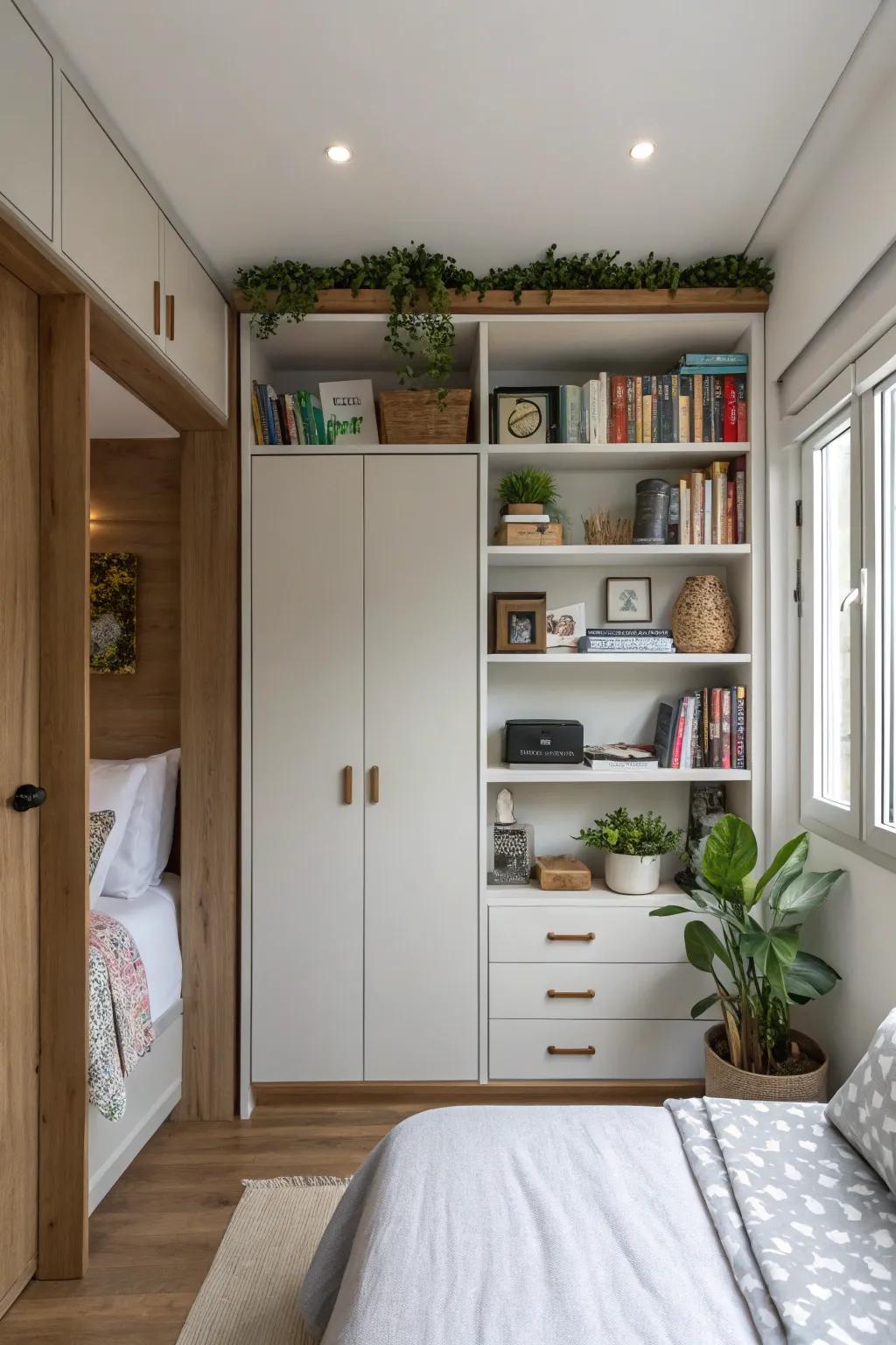 A small bedroom utilizing vertical shelves and cabinets for efficient storage.