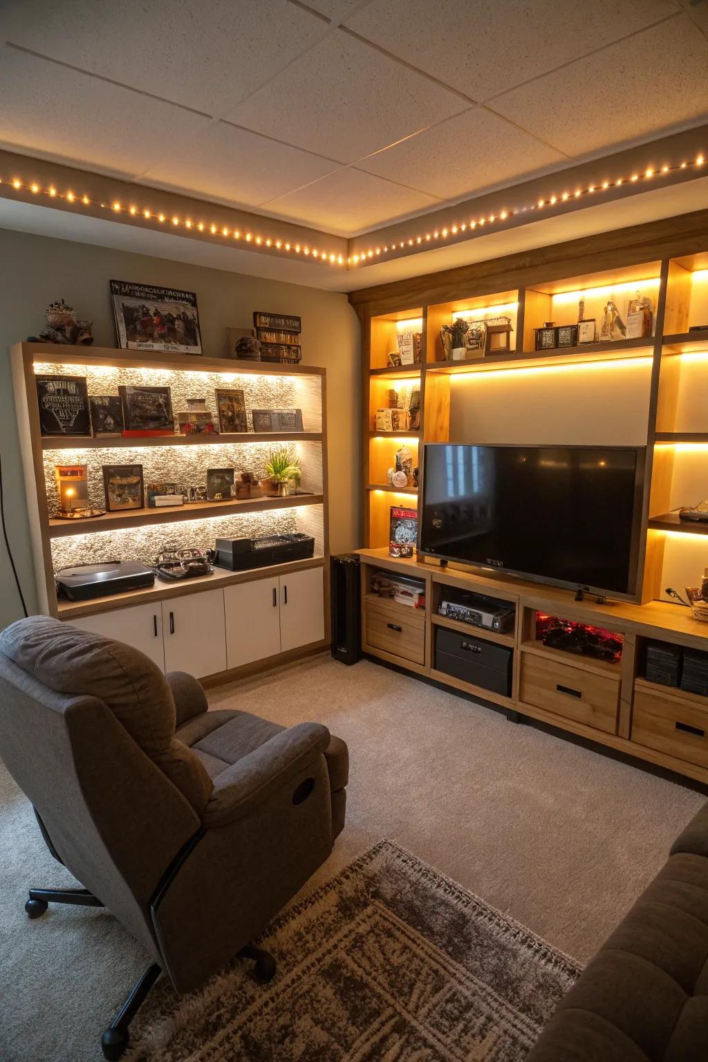 LED strip lighting beneath shelves adds a warm and inviting ambiance.