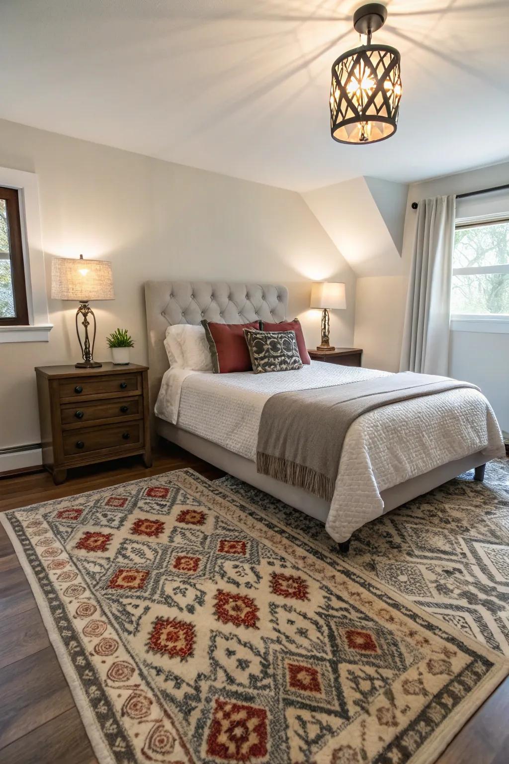 Accent pieces bring character to a small master bedroom.