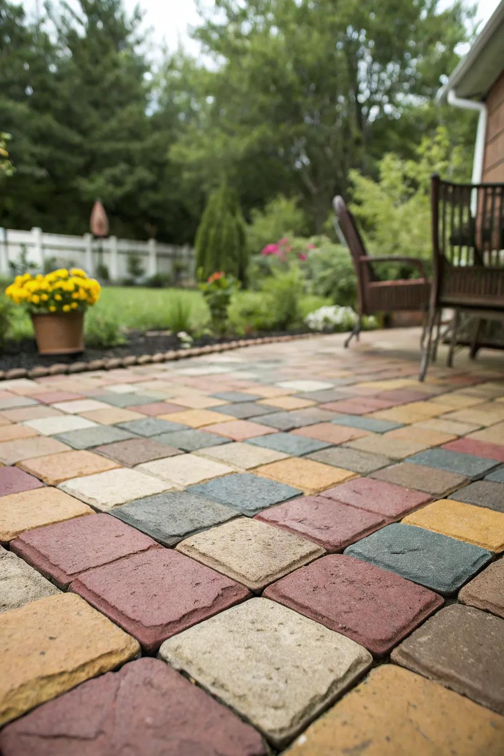 A lively patio filled with vibrant paver colors.