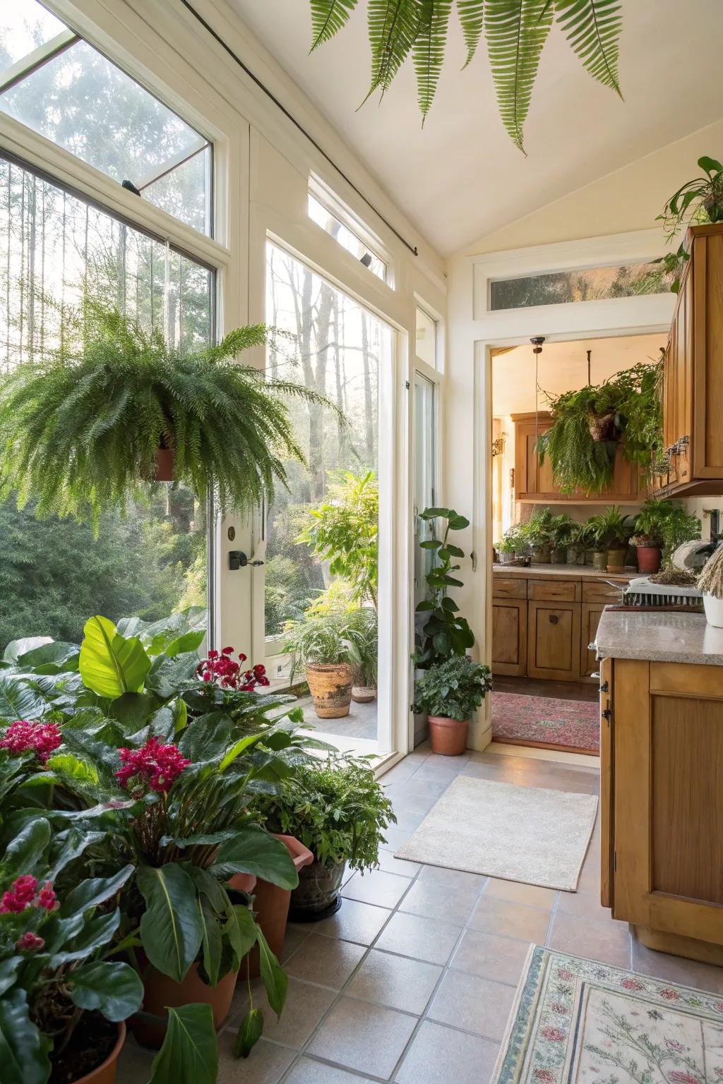 Indoor plants bring life and freshness to the sunroom.