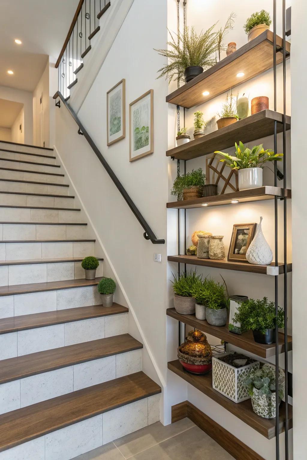 Floating shelves offer a stylish way to display decor on your staircase.