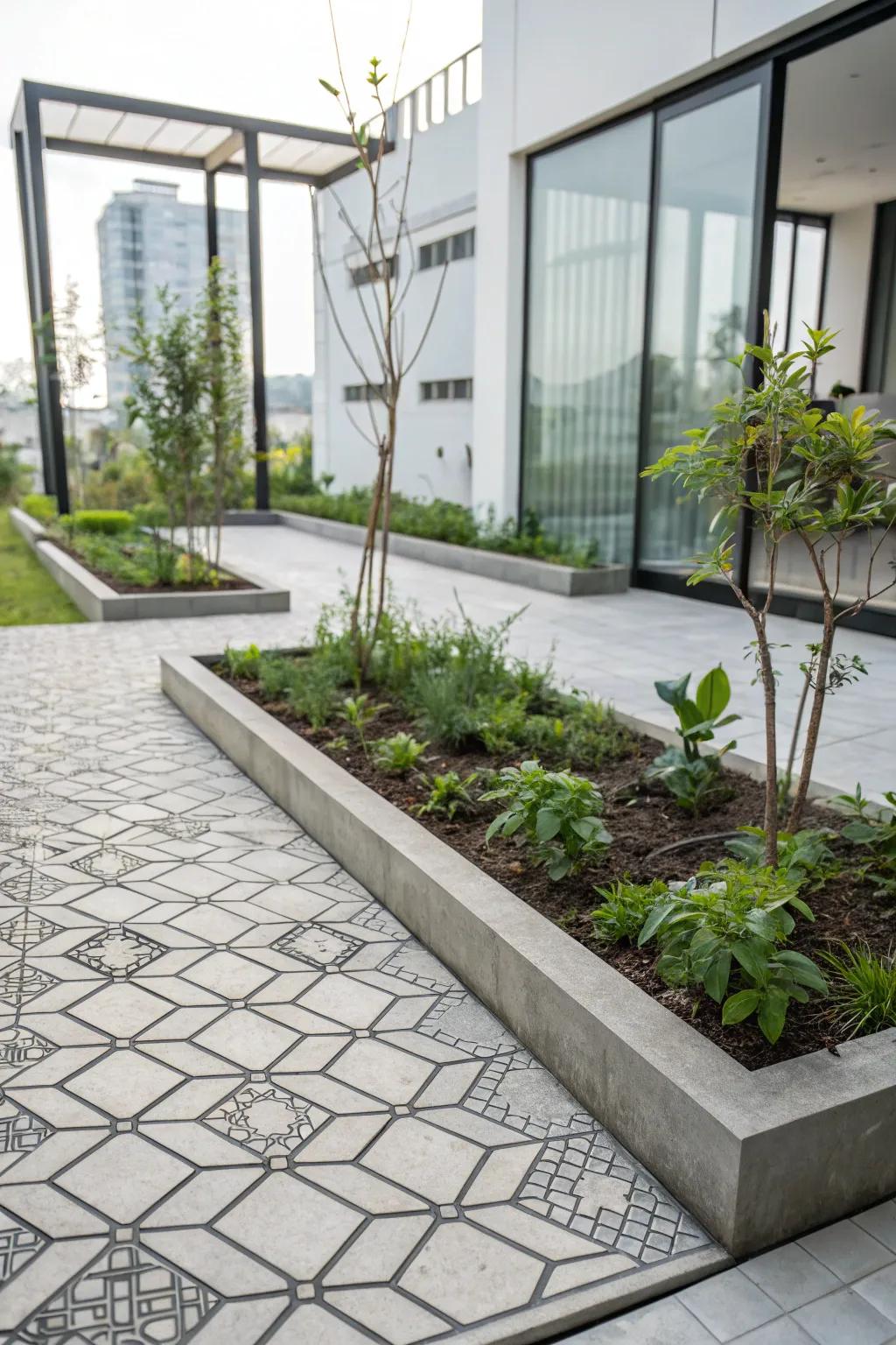 Modern garden with geometric pattern stamped concrete border