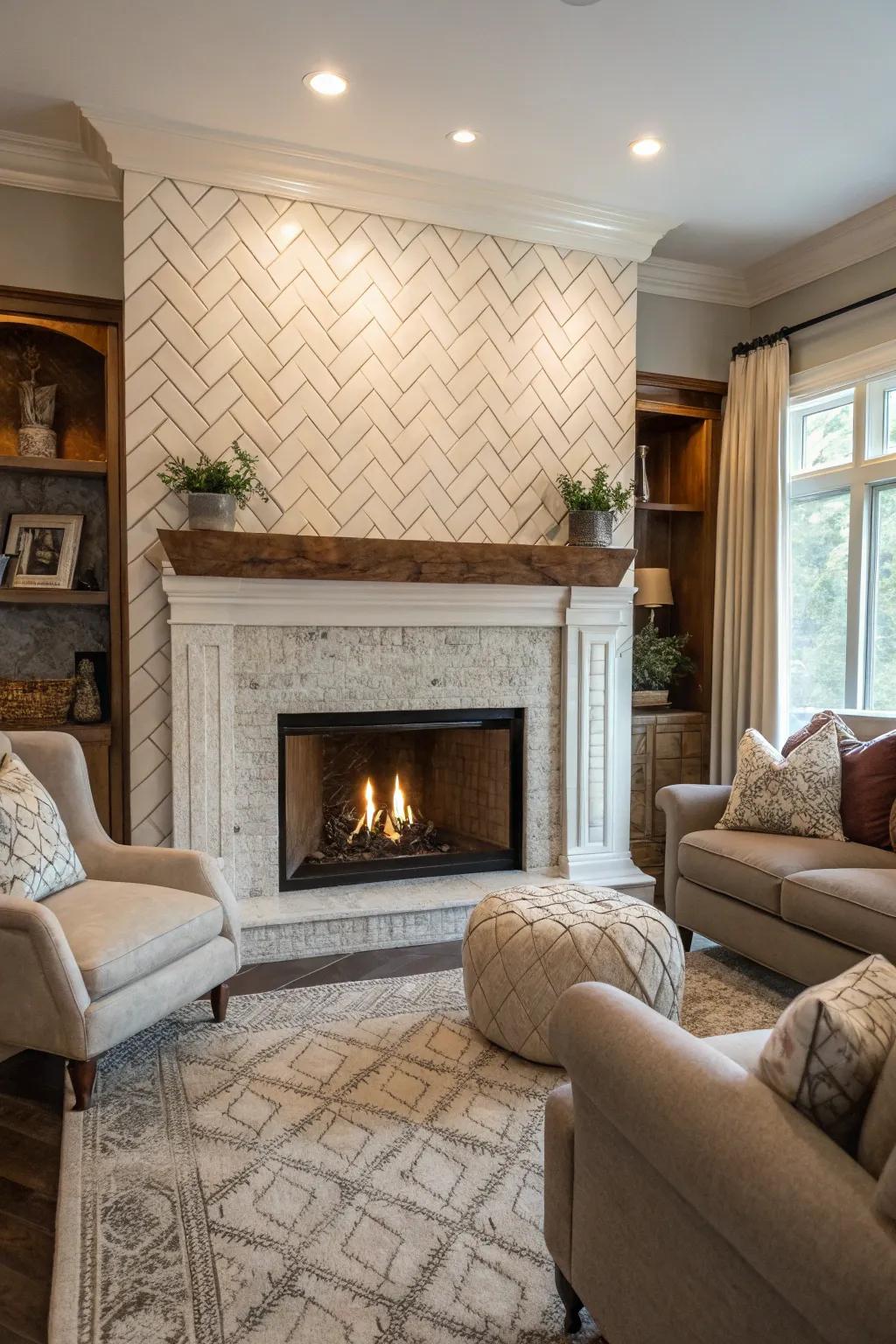 A herringbone pattern adds sophisticated texture to this subway tile fireplace.