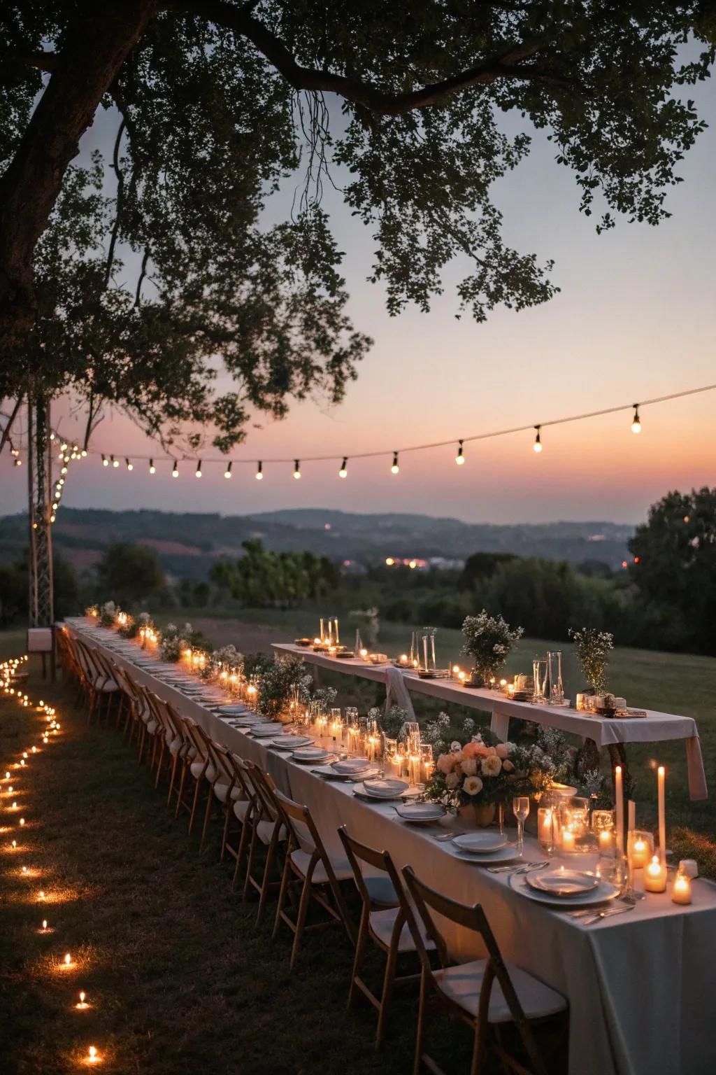 An intimate dinner setup with candles under a twilight sky.