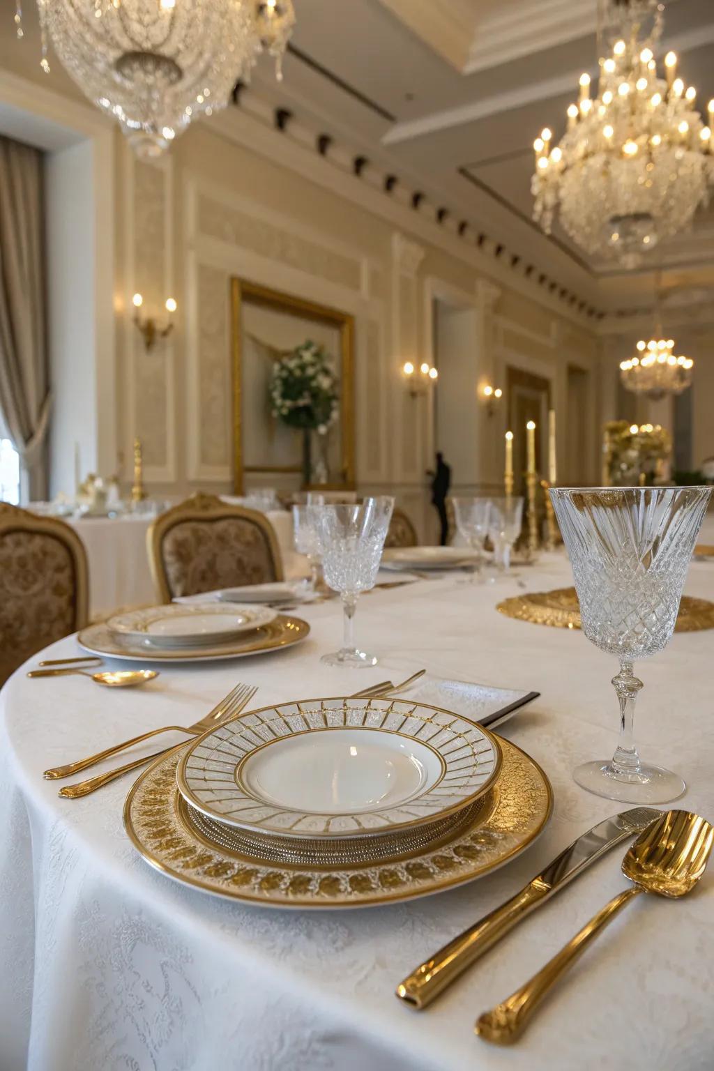 An elegant table setting with gold accents and crystal glassware.