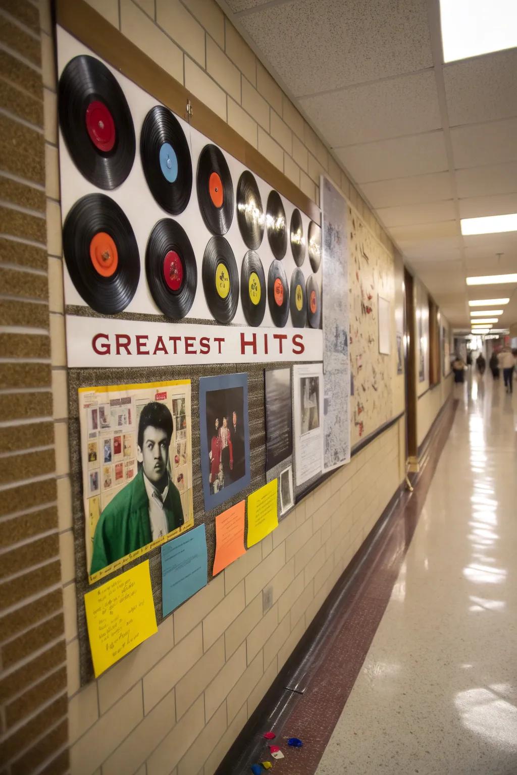 Retro-themed board with vinyl records celebrating teachers as the 'Greatest Hits'.