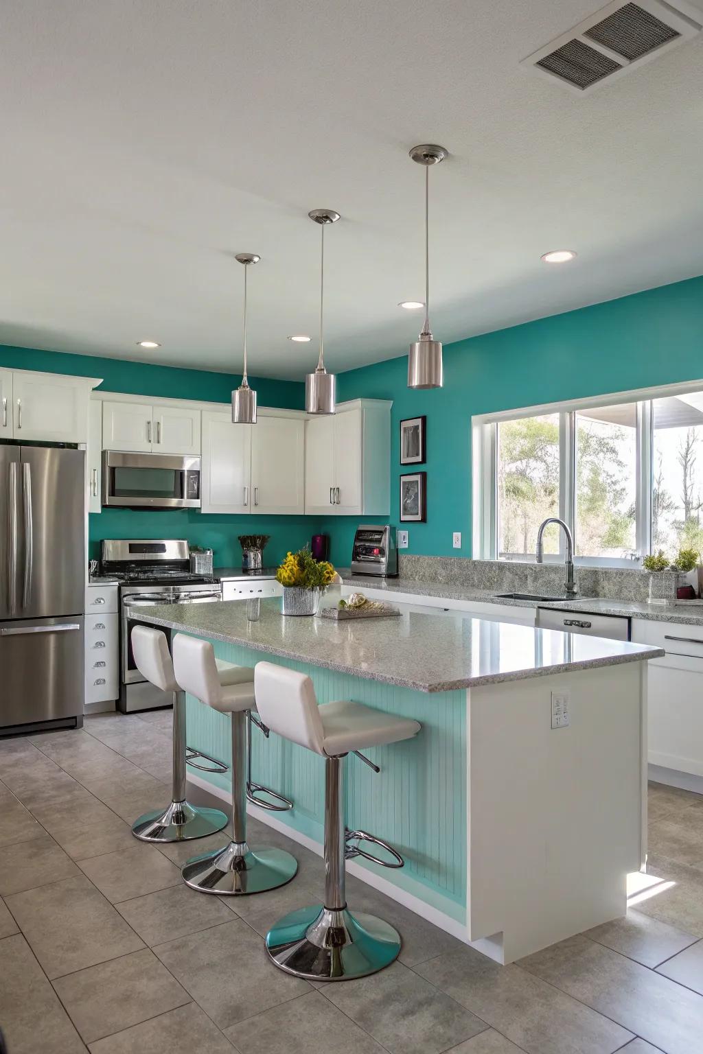 Modern kitchen featuring teal walls and silver accents.