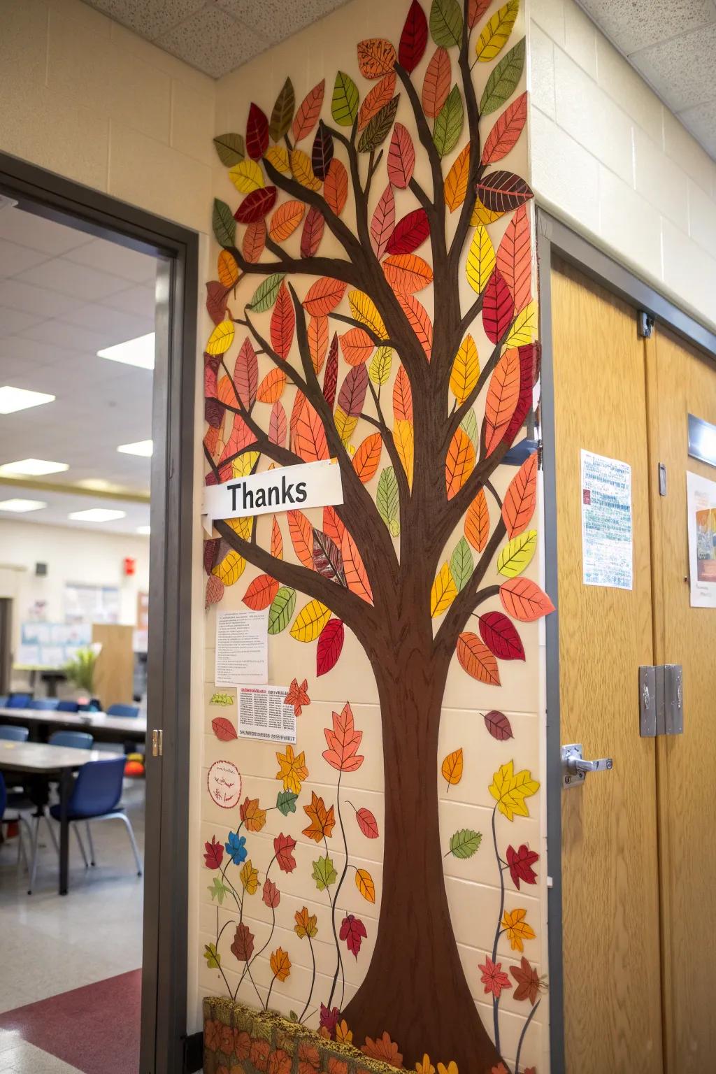 A Thankful Tree door display showcasing students' gratitude.