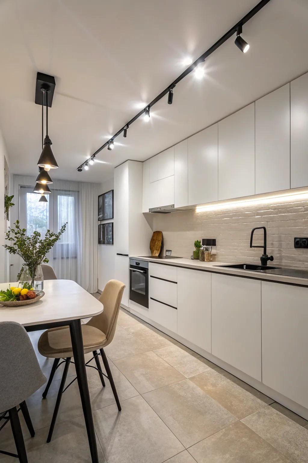Minimalist track lighting in a neat, contemporary kitchen