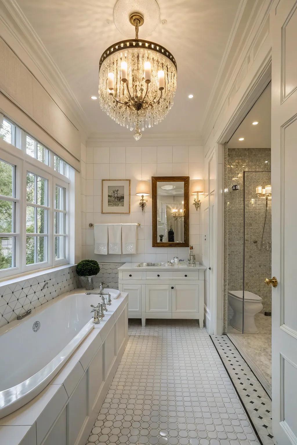 A traditional white bathroom featuring a ceiling lamp that enhances both elegance and lighting.