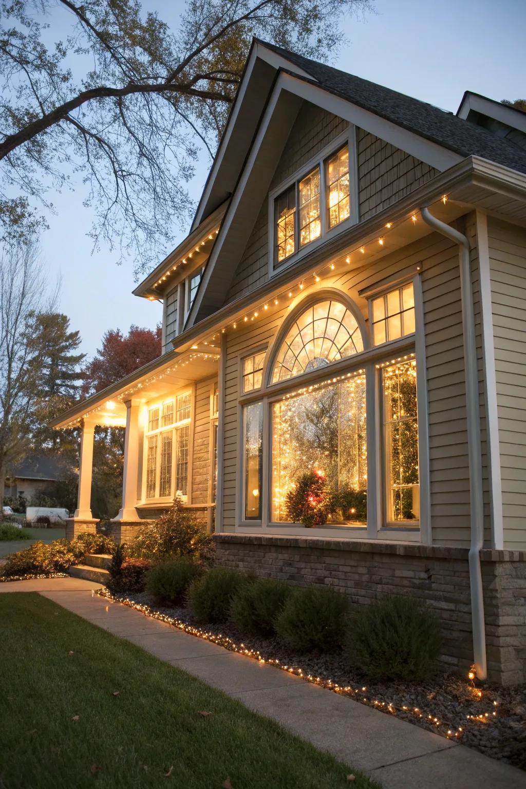 Focused lighting highlights this home's stunning window design.