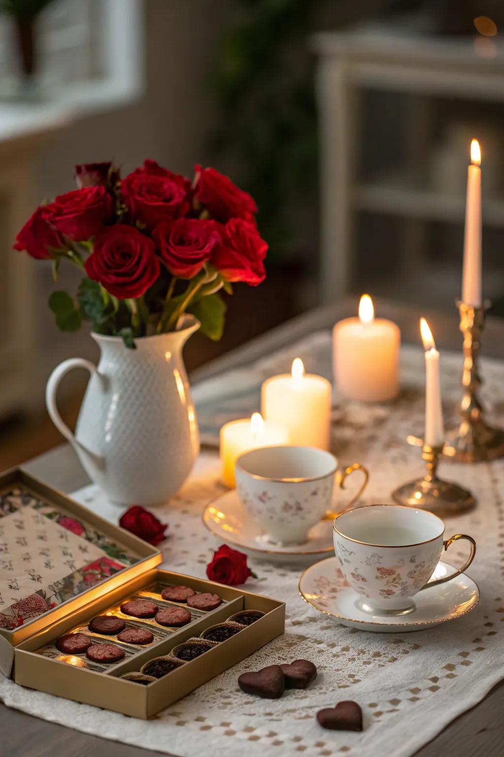 Wax lights adding a warm and intimate atmosphere to the Valentine's Day tea celebration.
