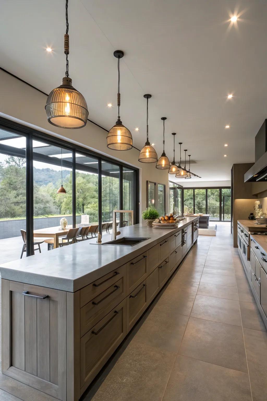 Statement lighting injecting sophistication into a broad galley kitchen.