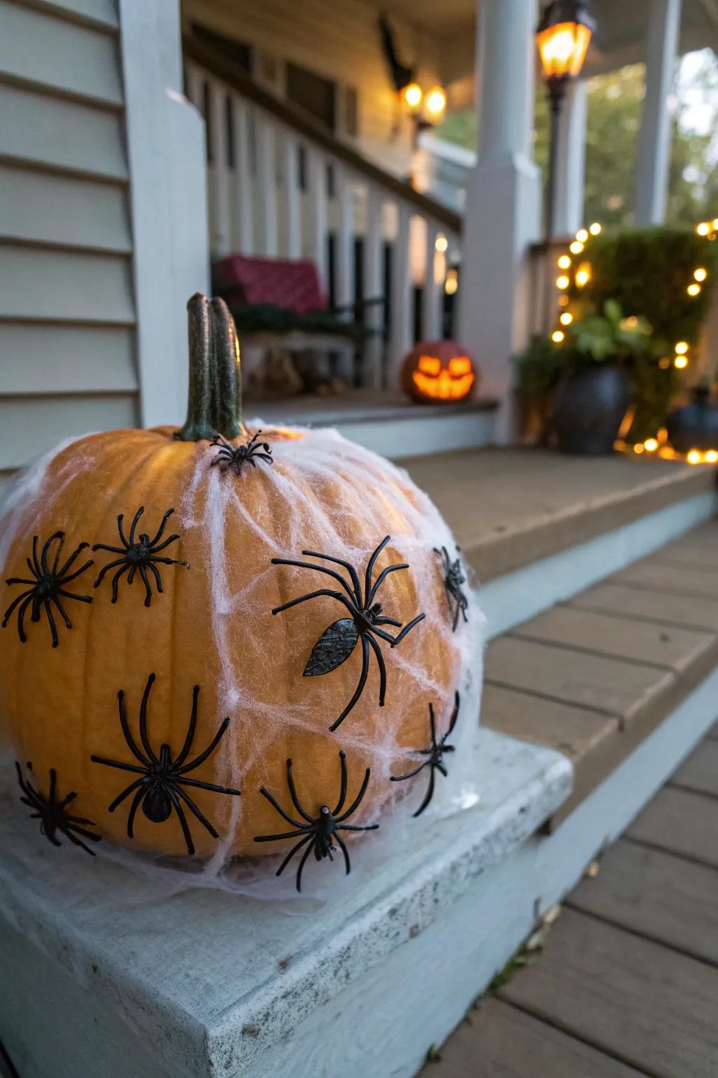 Pumpkin shrouded in eerie spider webs.