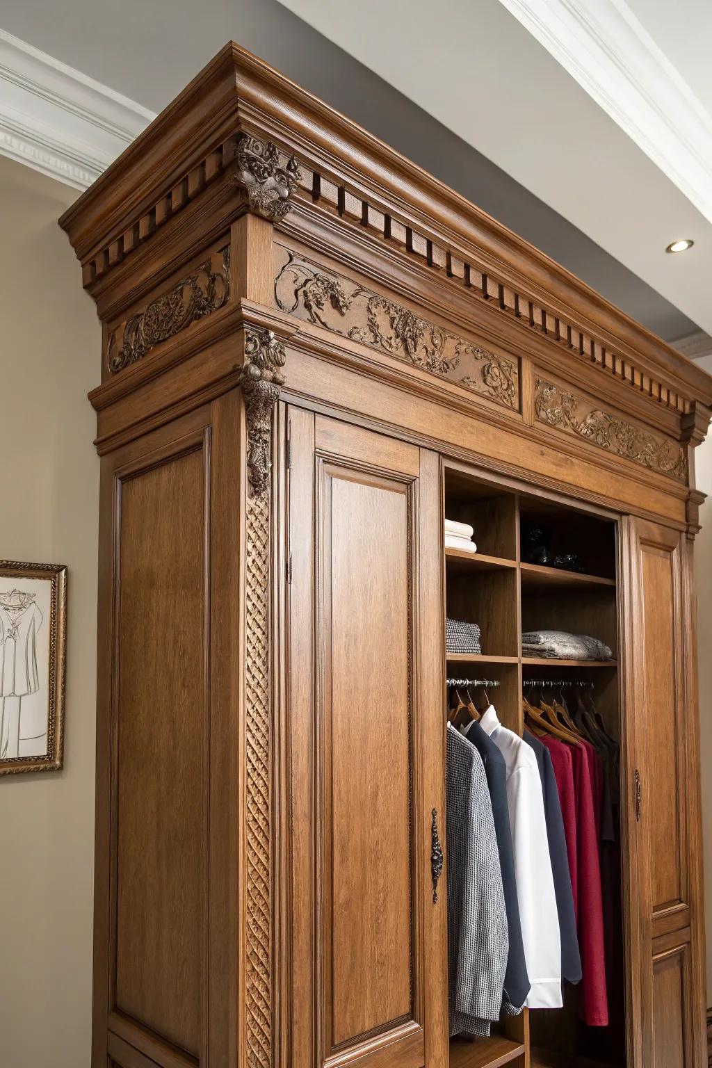 Showcasing how crown molding can introduce an element of refinement to any closet space.
