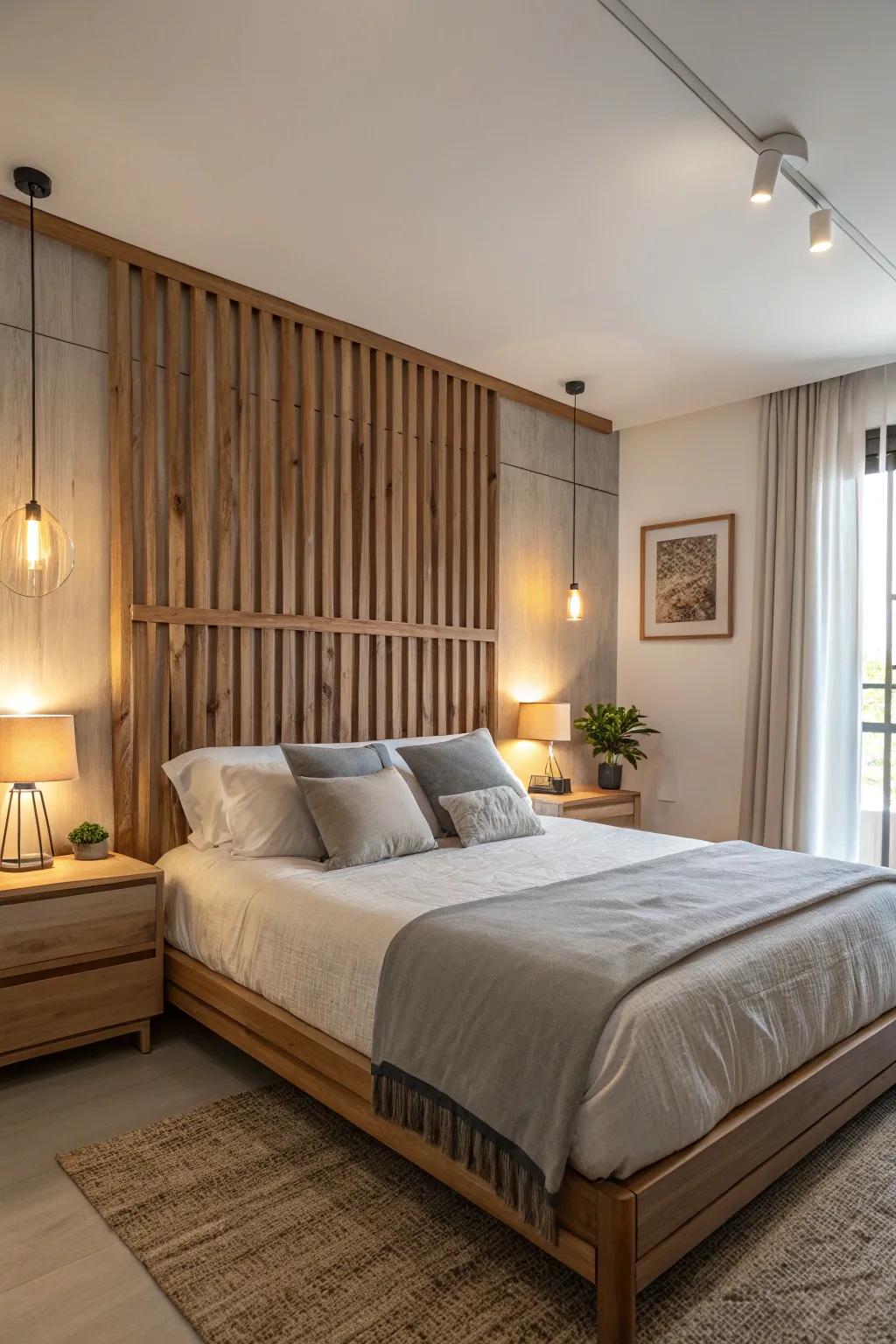 Create a cozy retreat with a wood slat headboard.