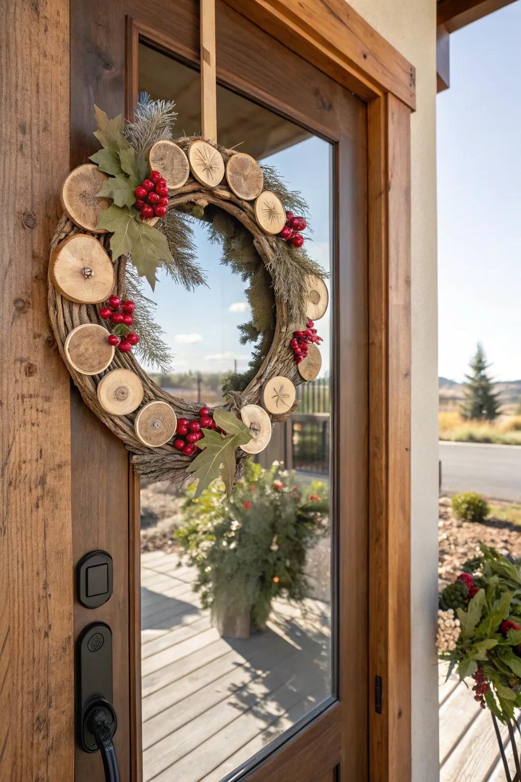 Seasonal interchange with wooden circle wreaths for year-round freshness.