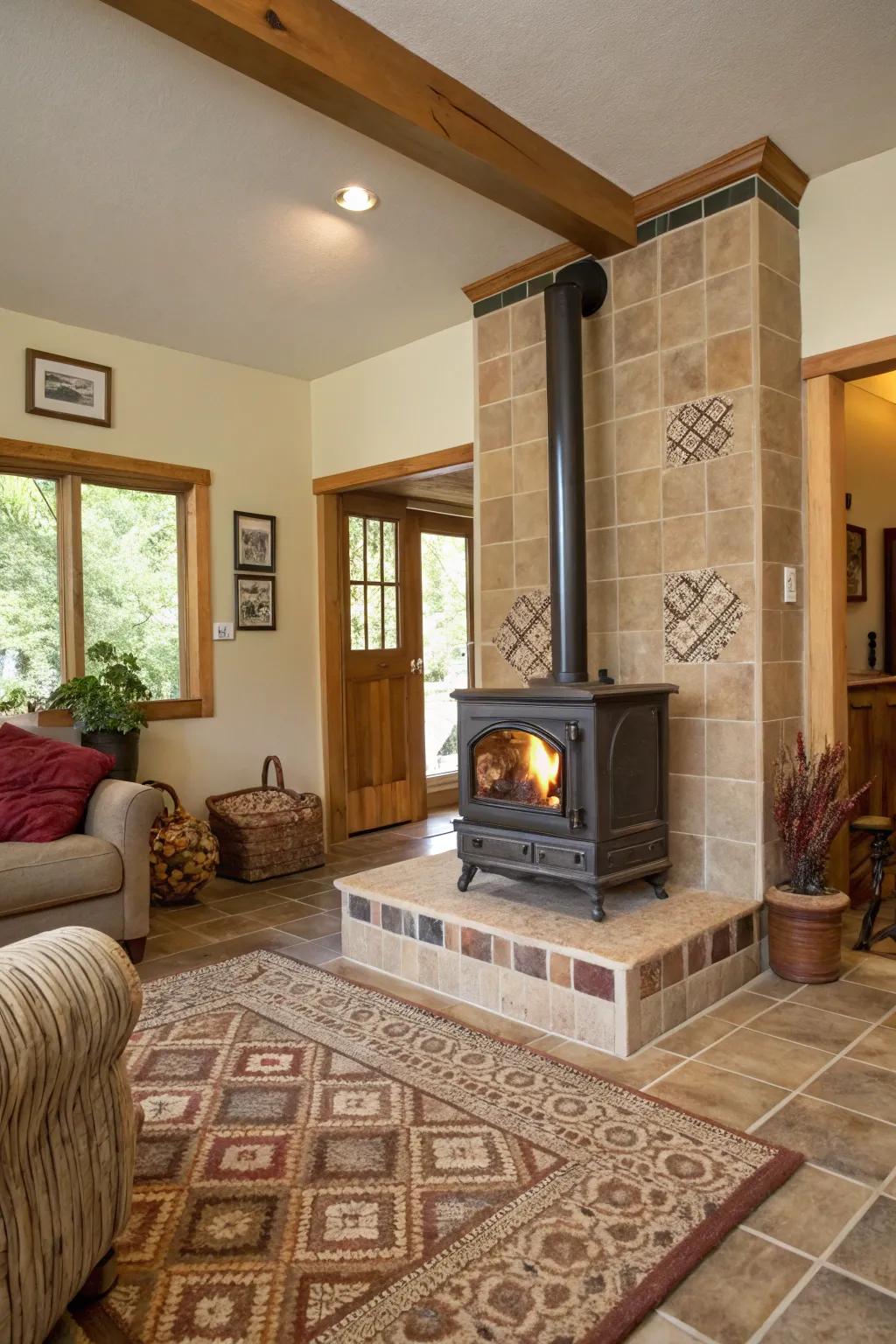 Earthy tiles bring a serene, nature-inspired feel to your wood heater space.